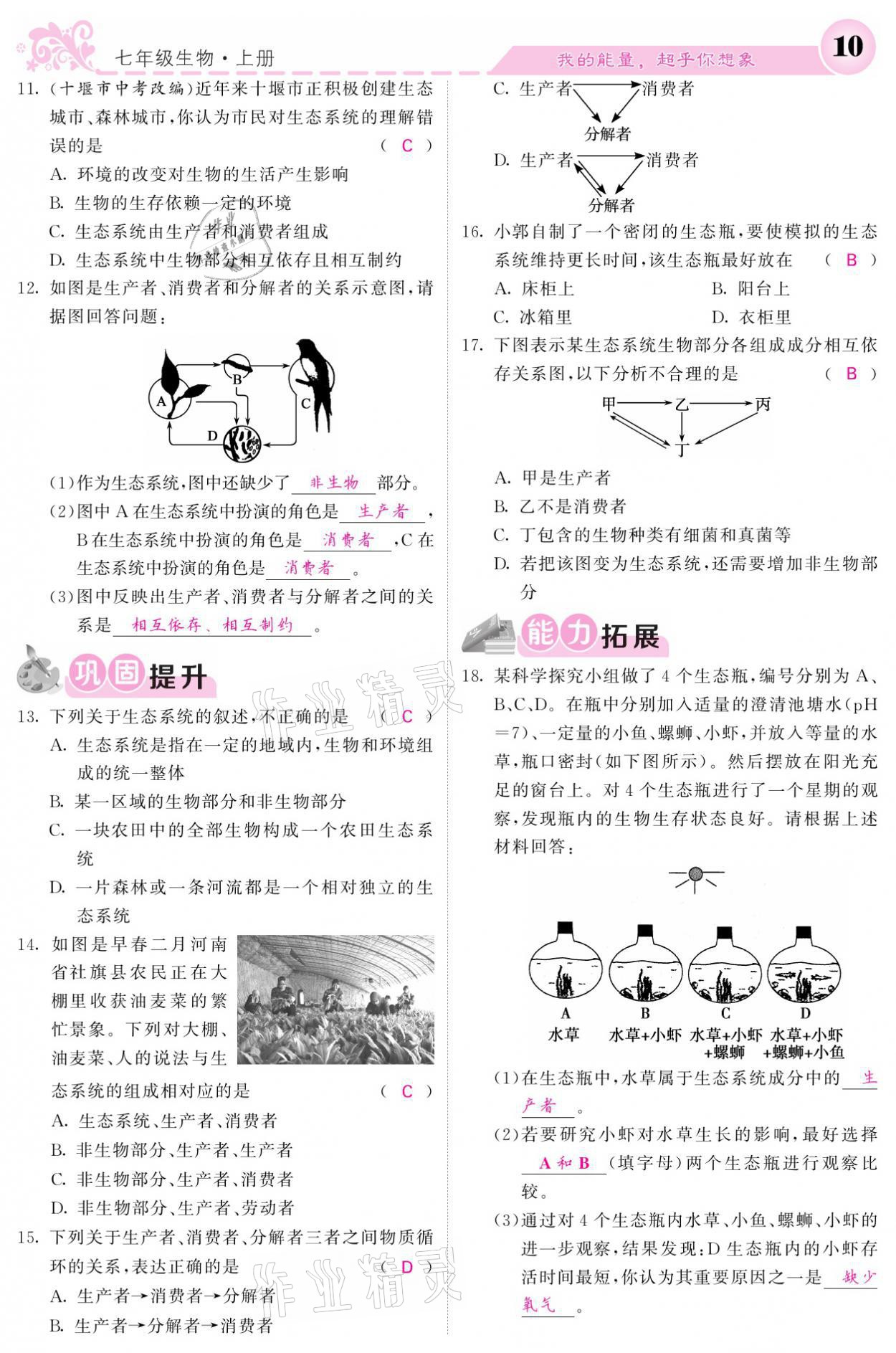 2021年課堂點(diǎn)睛七年級生物上冊人教版寧夏專版 參考答案第10頁