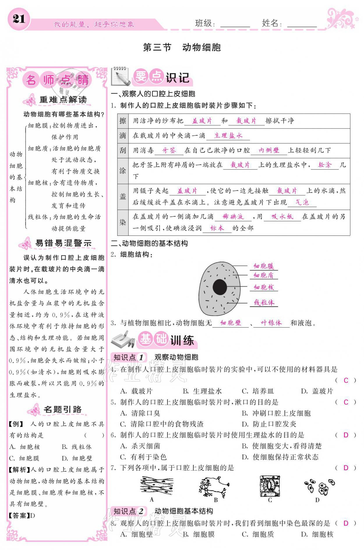 2021年課堂點(diǎn)睛七年級(jí)生物上冊(cè)人教版寧夏專版 參考答案第21頁