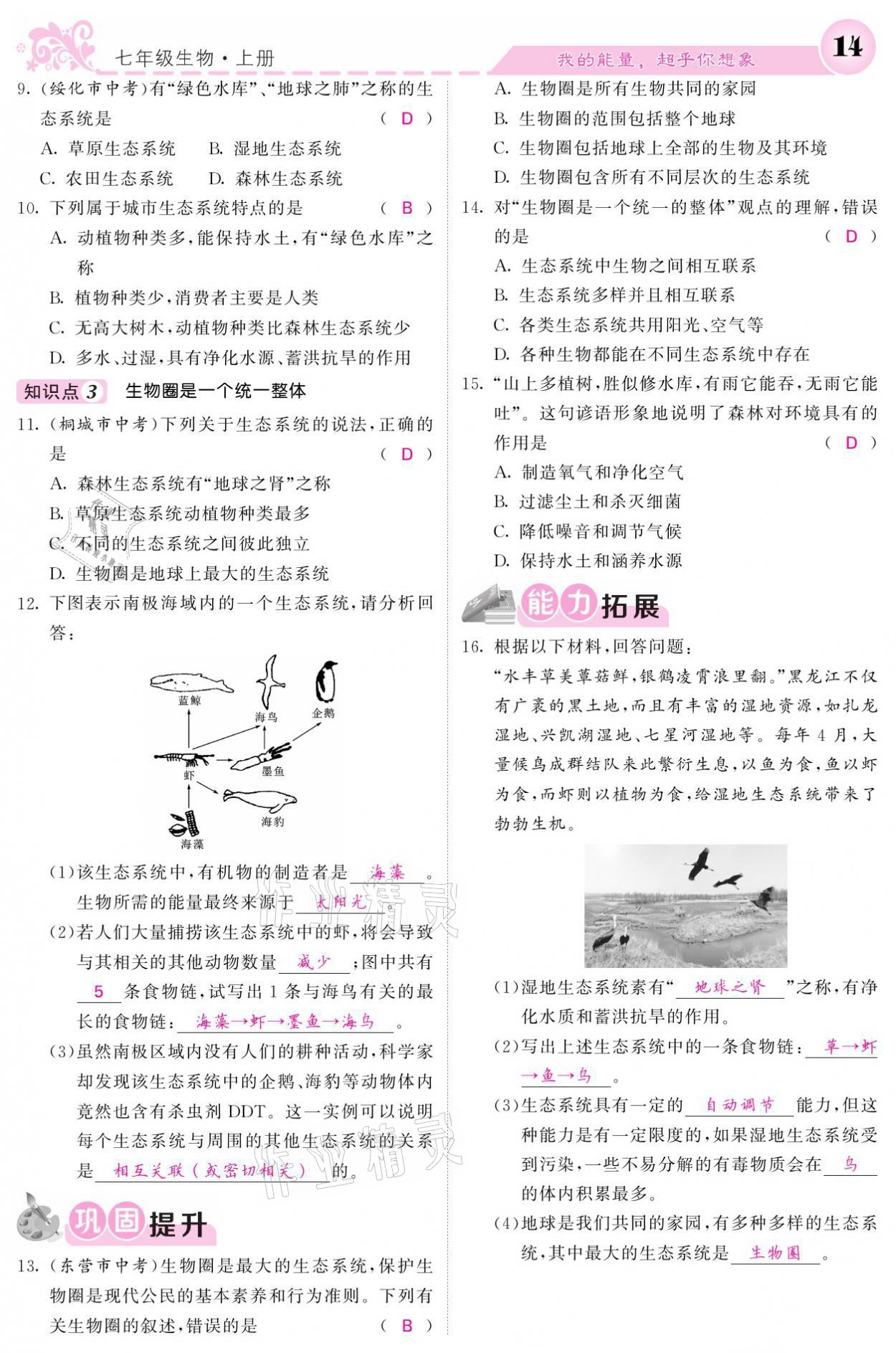 2021年課堂點睛七年級生物上冊人教版寧夏專版 參考答案第14頁