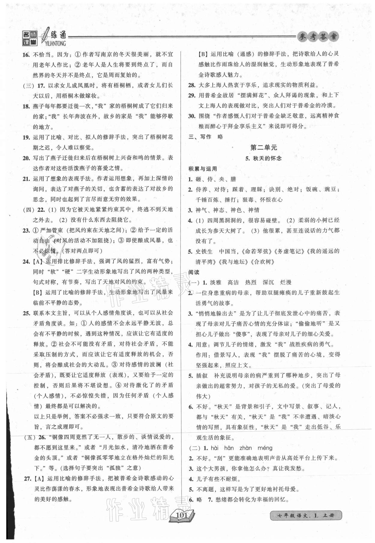 2021年名师课堂一练通七年级语文上册人教版 第3页