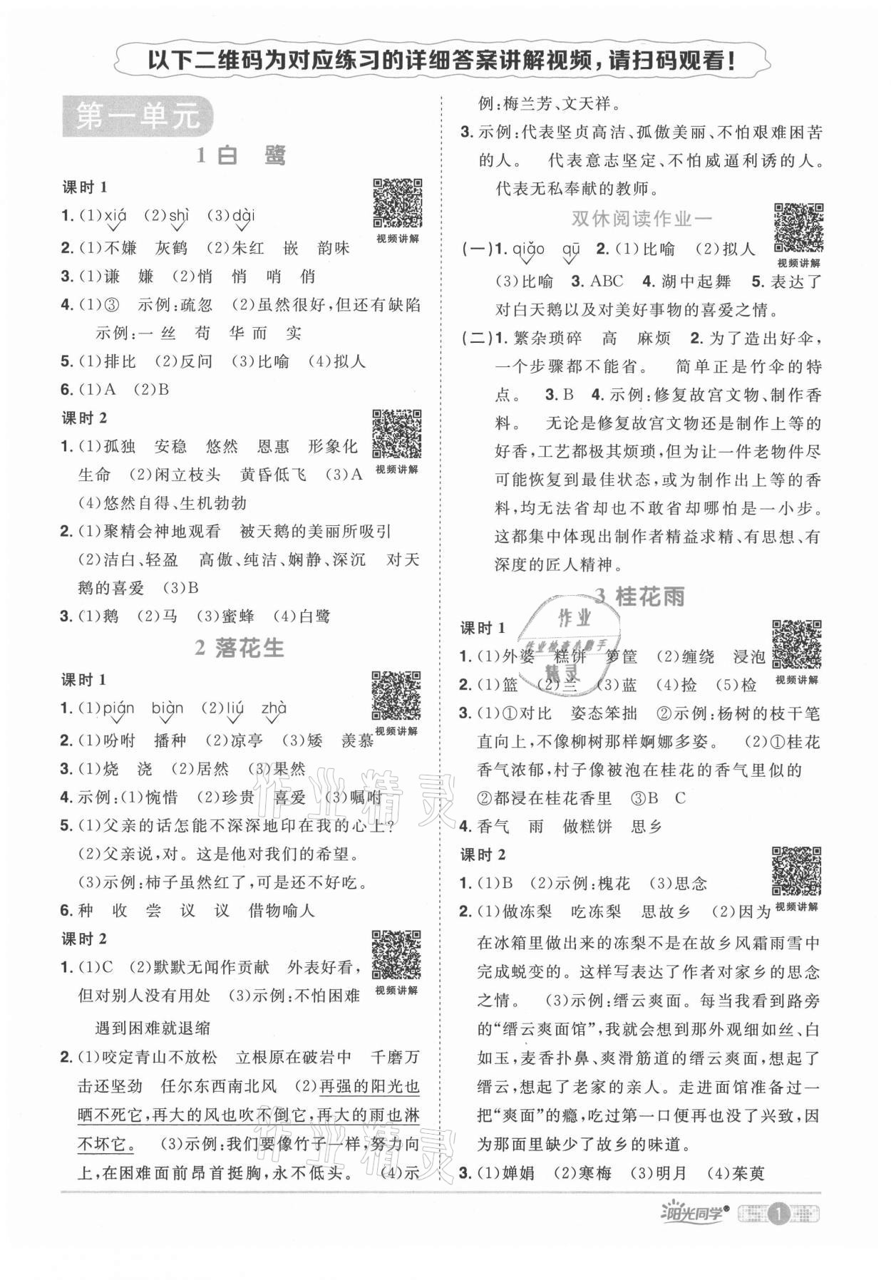 2021年陽光同學課時達標訓練五年級語文上冊人教版浙江專版 參考答案第1頁