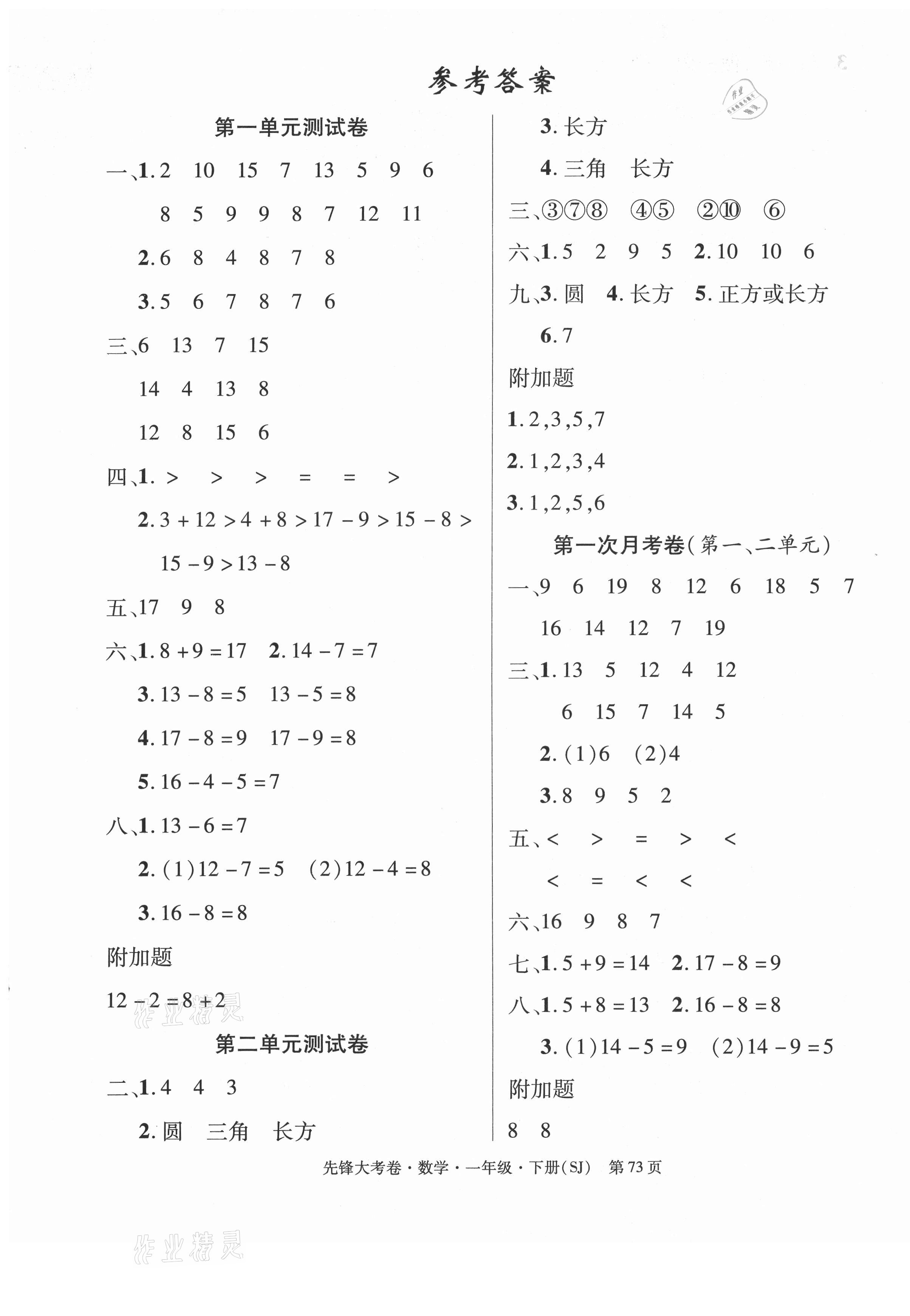 2021年單元加期末復(fù)習(xí)先鋒大考卷一年級(jí)數(shù)學(xué)下冊(cè)蘇教版 參考答案第1頁(yè)