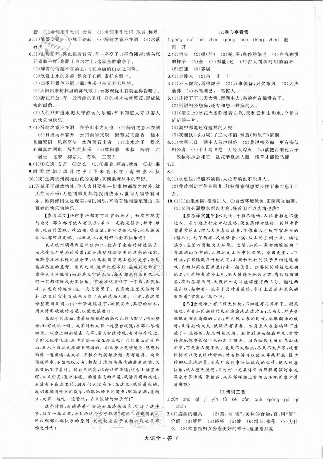 2021年名師面對面滿分特訓方案九年級語文全一冊人教版 參考答案第6頁