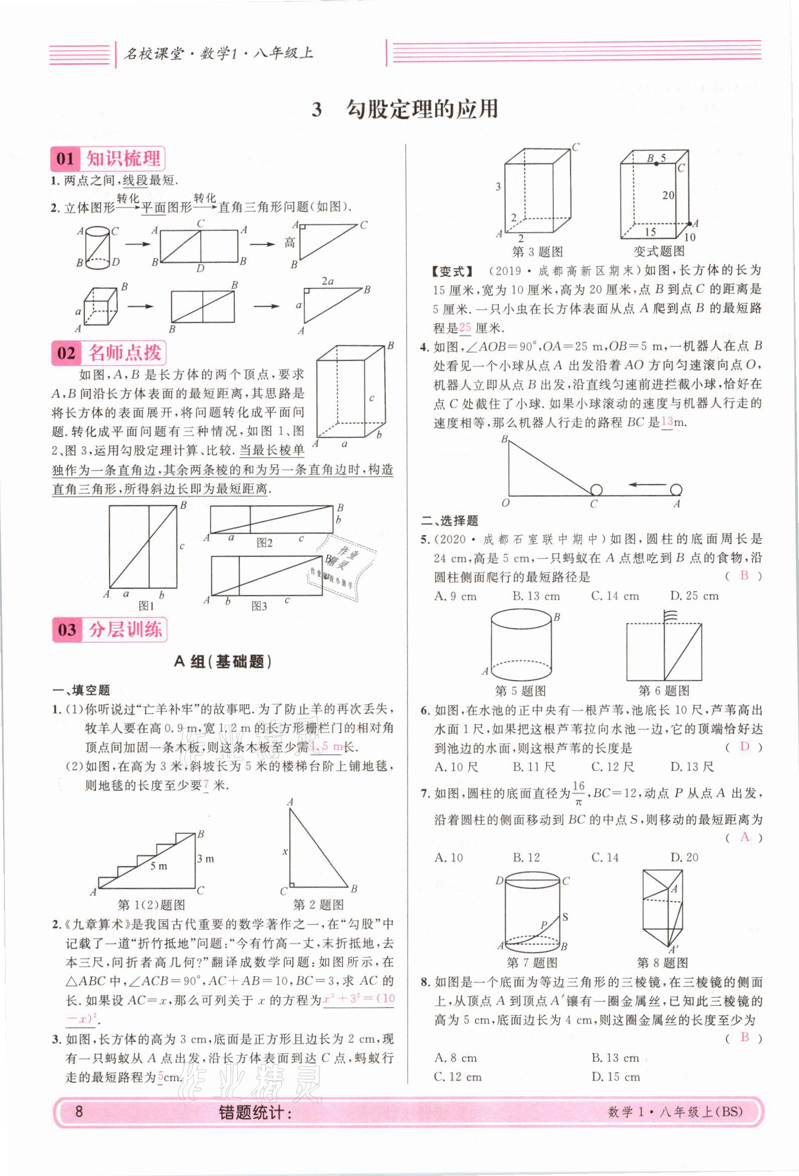 2021年蓉城名校課堂八年級數(shù)學(xué)上冊北師大版 參考答案第7頁