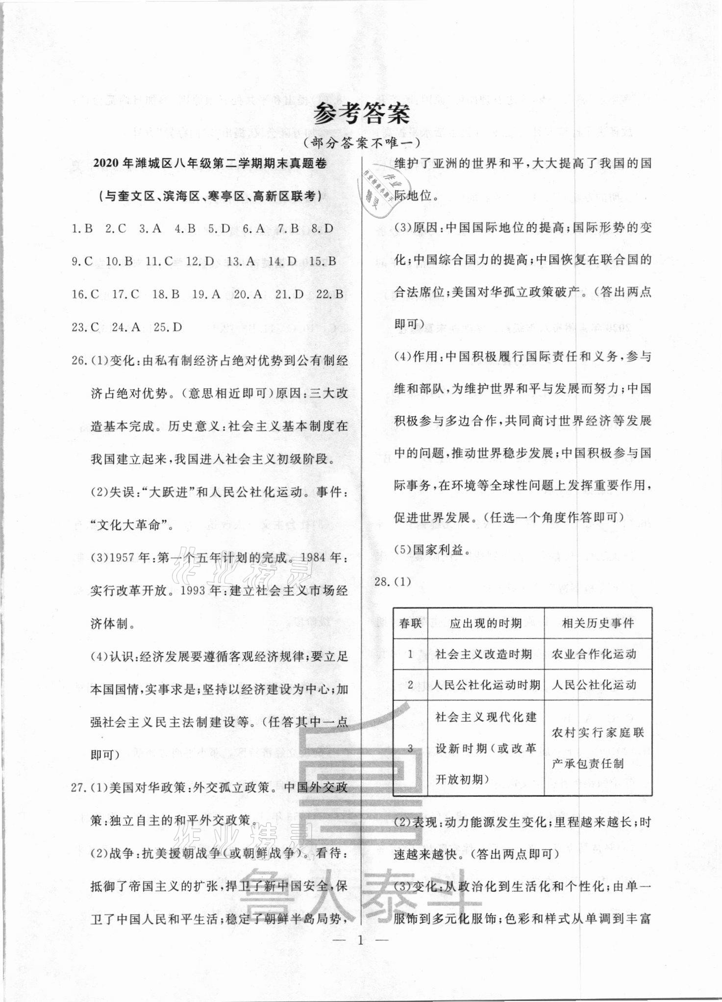 2021年考前示范卷八年級(jí)歷史下冊(cè)人教版濰坊專版 第1頁(yè)