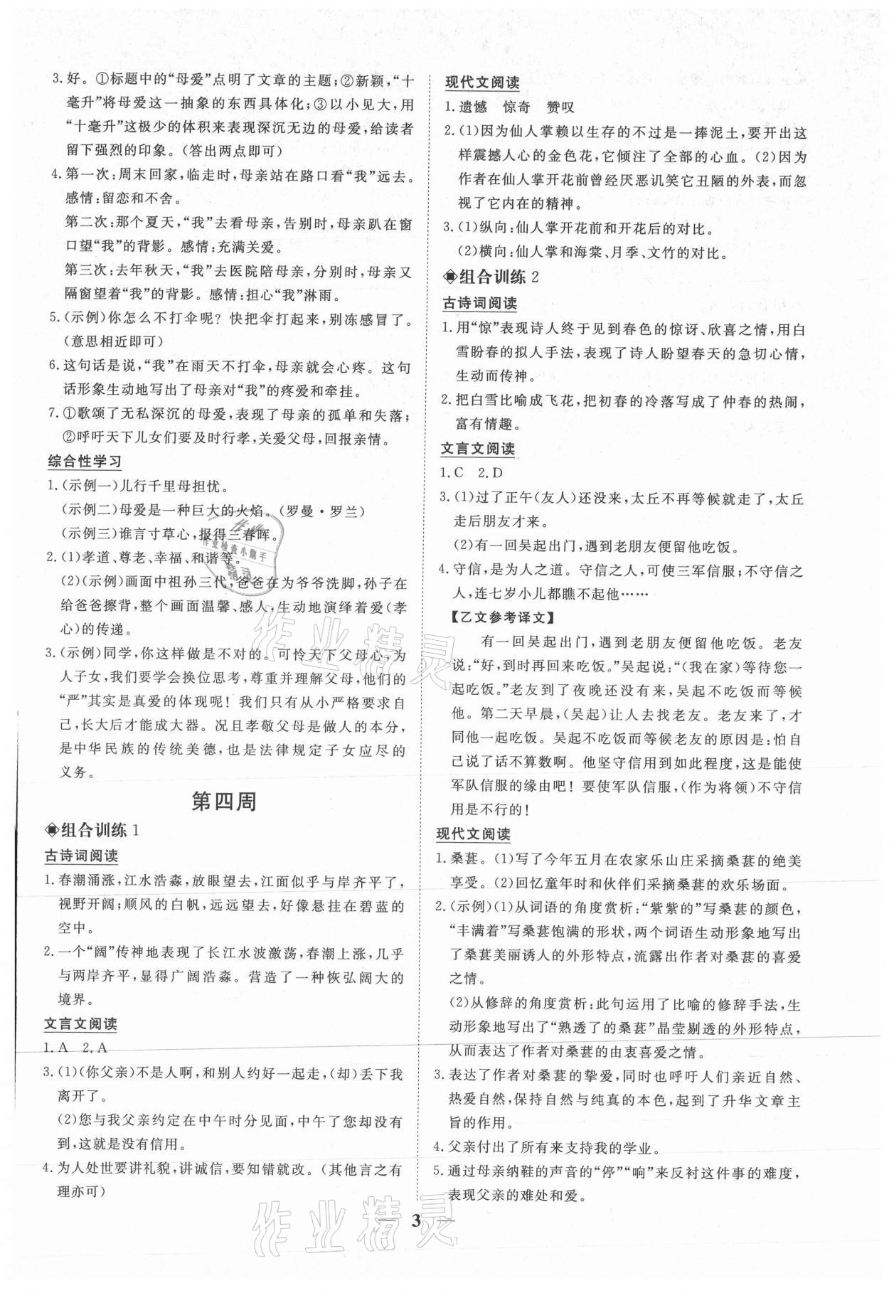 2021年青于蓝阅读组合训练七年级语文上册人教版&nbsp;参考答案第3页