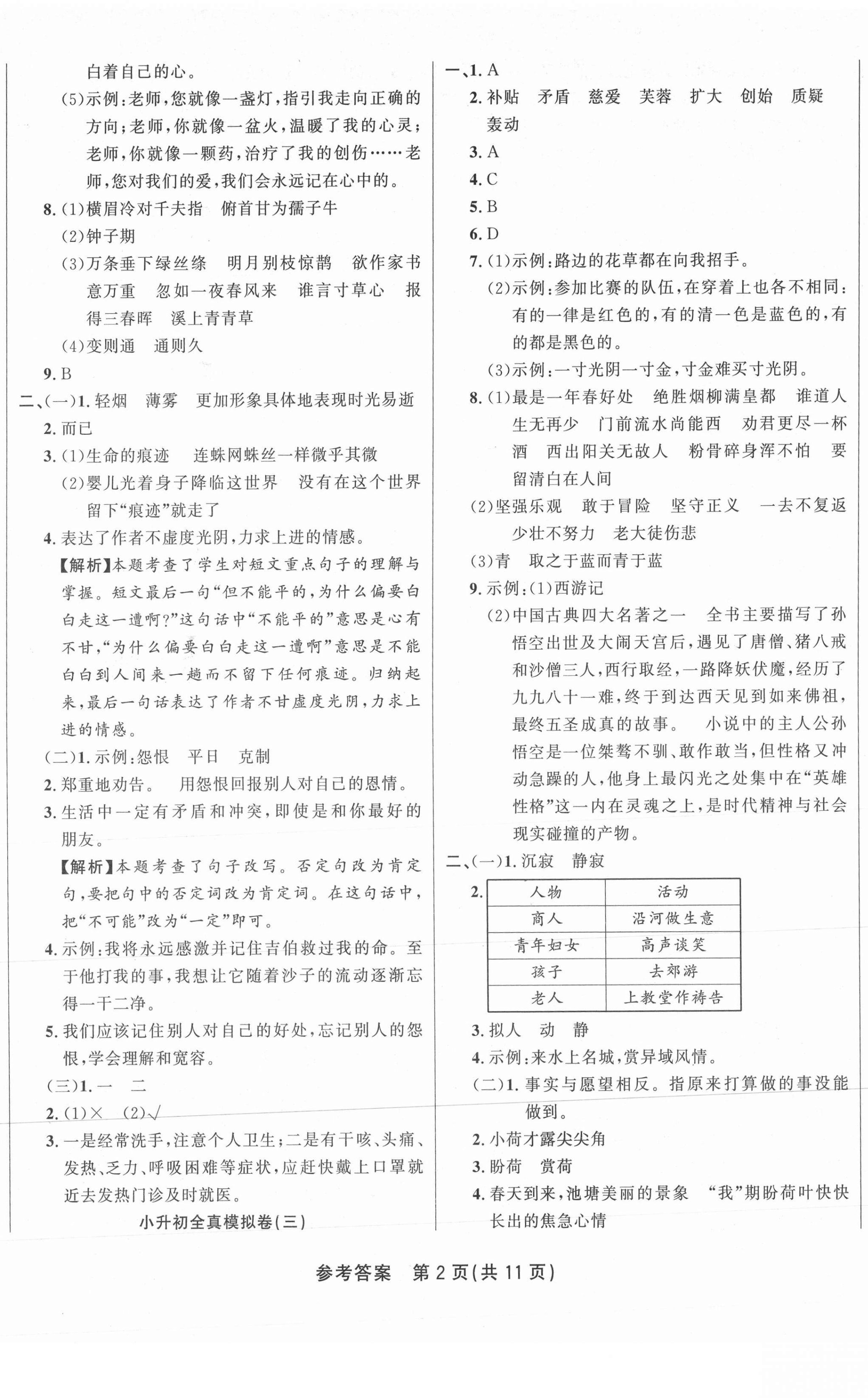 2021年升華名卷六年級語文人教版 參考答案第2頁