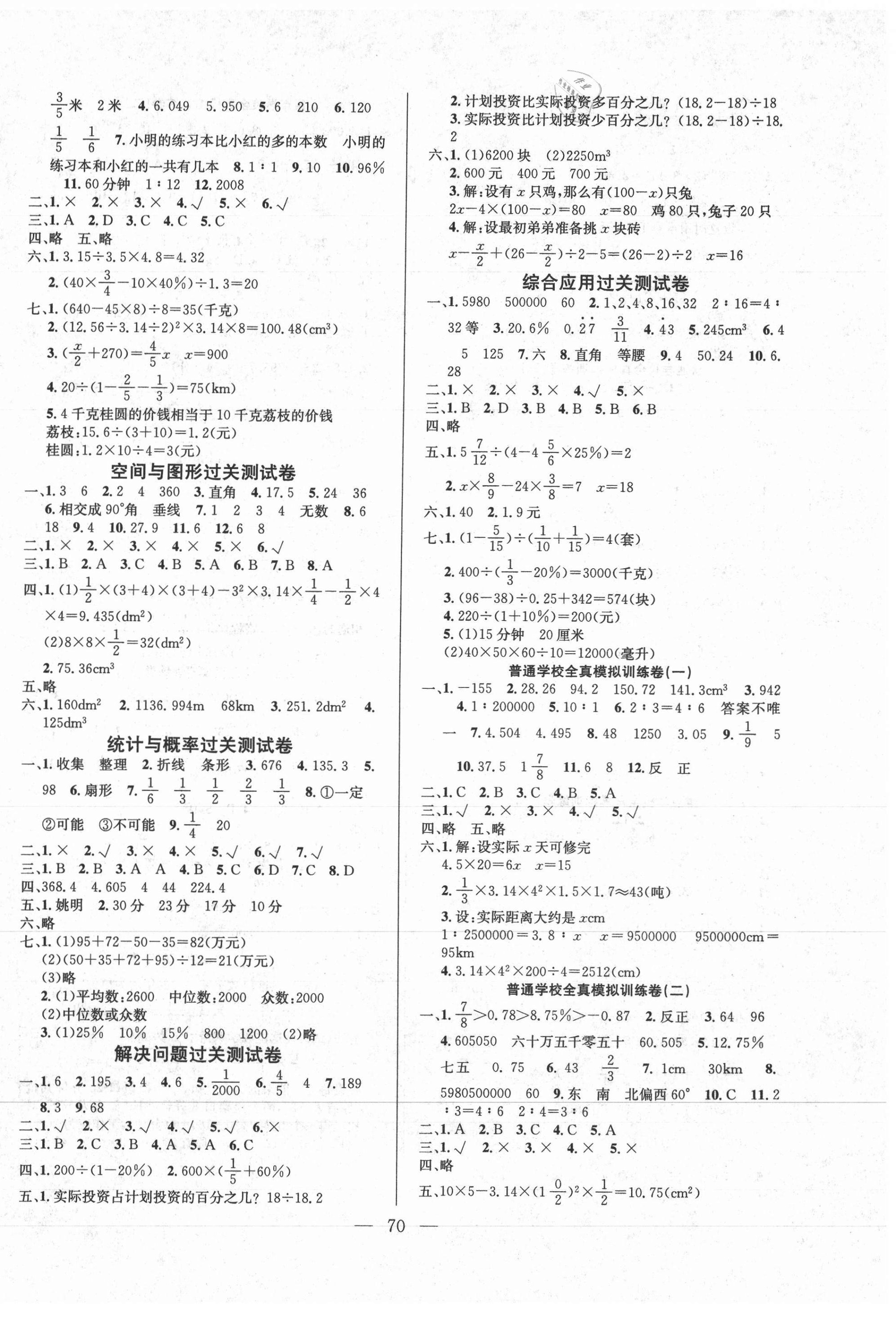 2021年夺冠训练单元期末冲刺100分六年级数学下册人教版 参考答案第2页