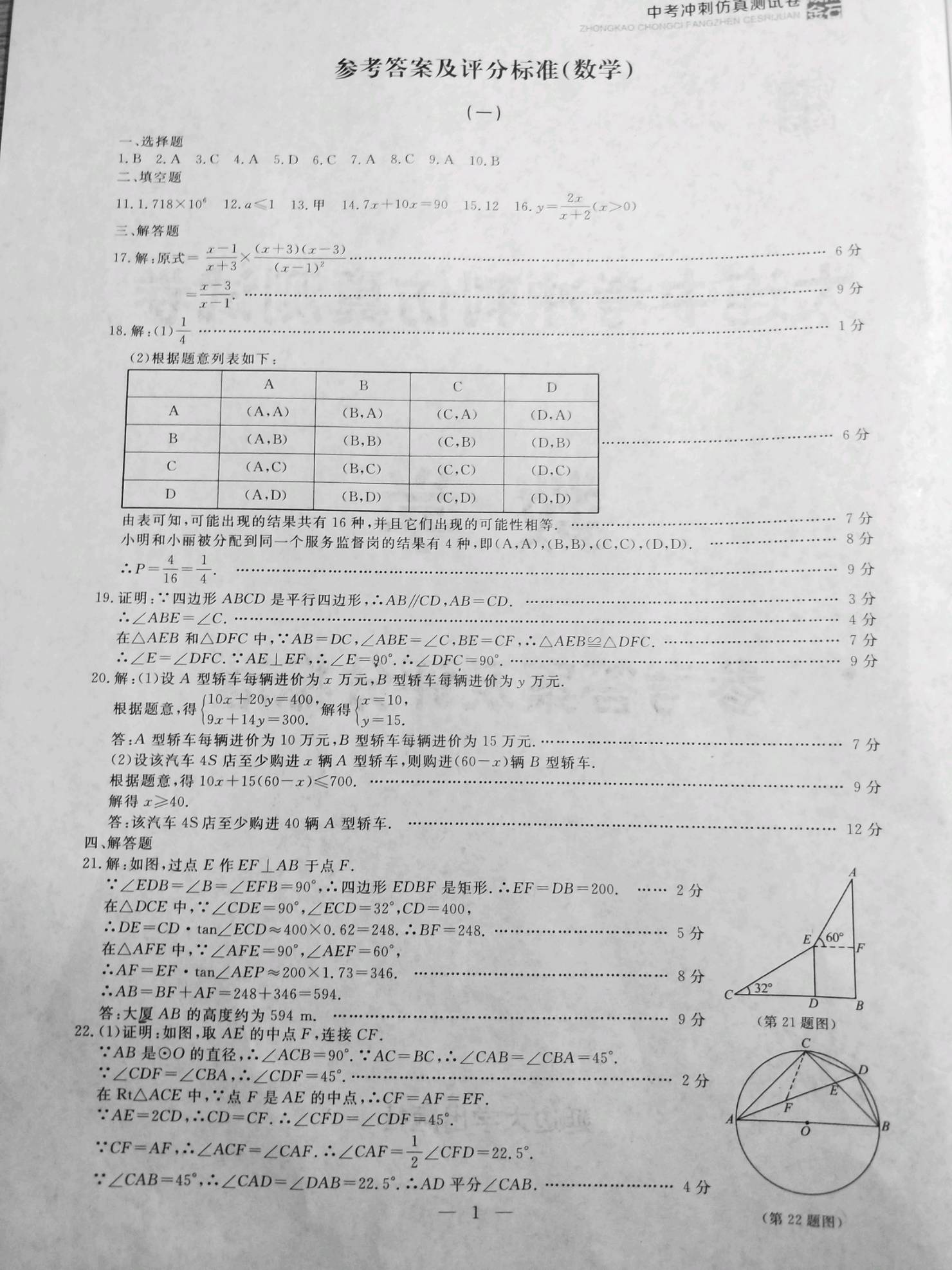 2021年中考冲刺仿真测试卷数学大连专版 参考答案第1页