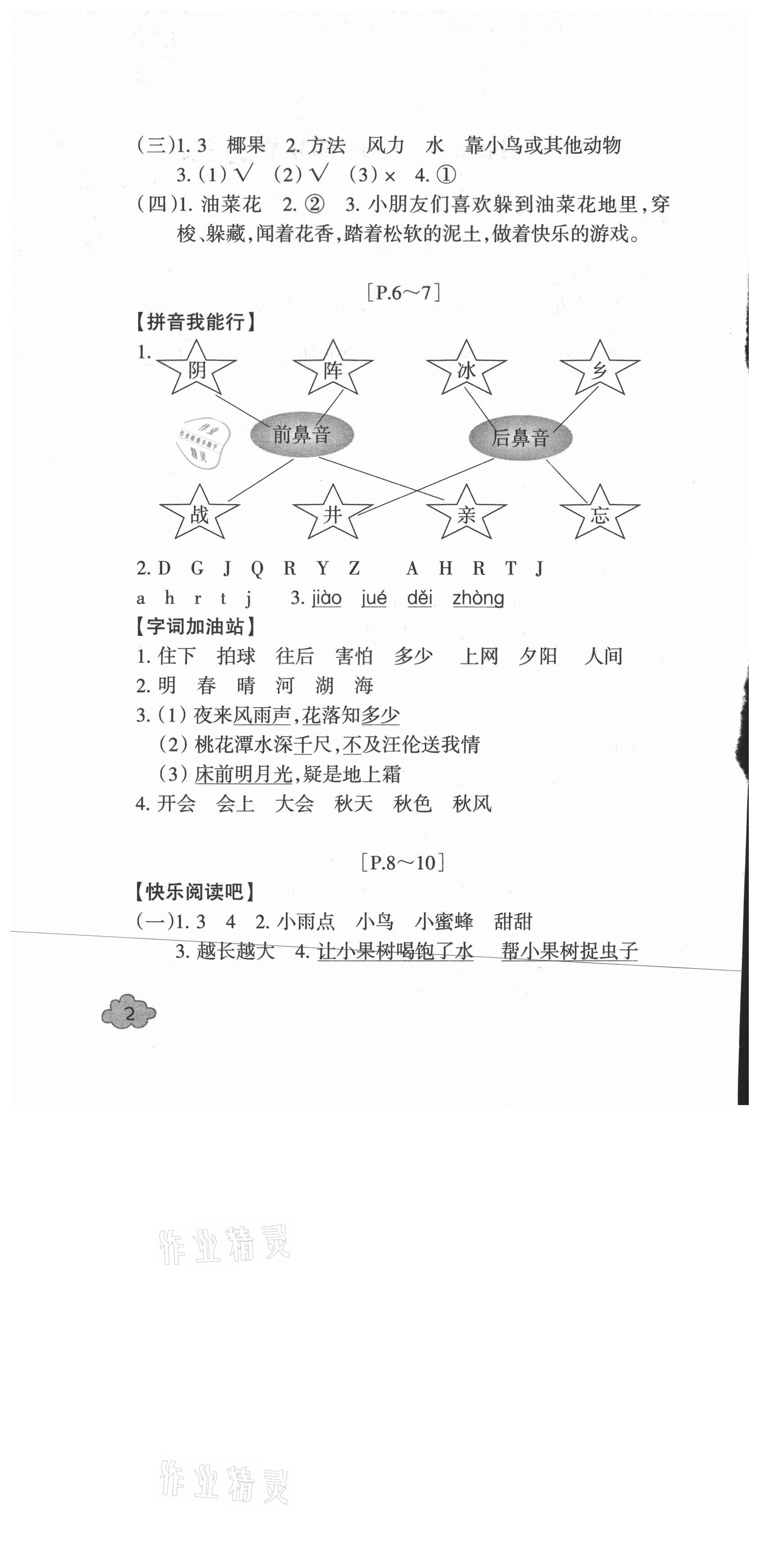 2021年快樂學習吧暑假學與練一年級語文人教版 參考答案第2頁