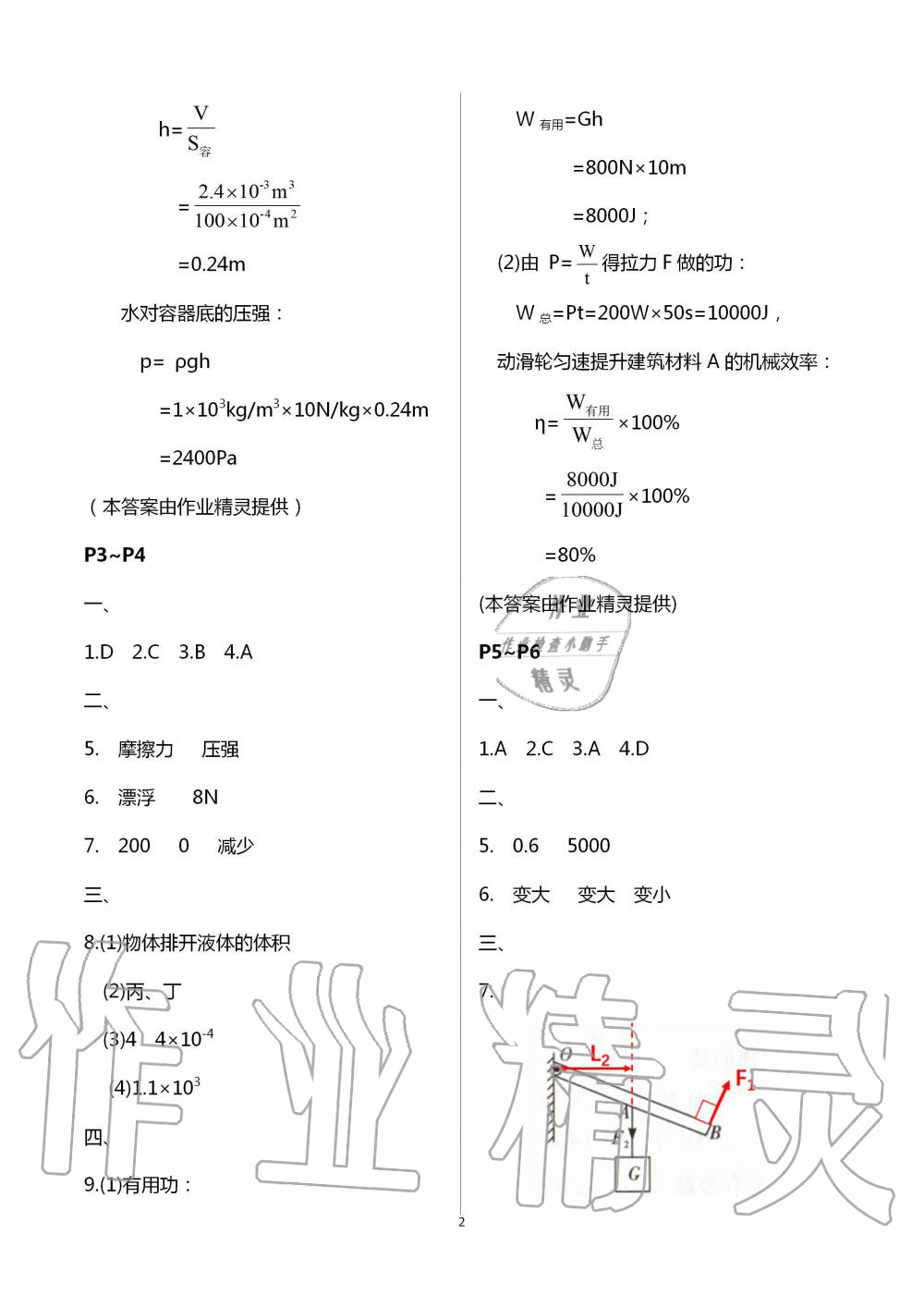 2021年暑假作業(yè)快樂的假日八年級(jí)物理 參考答案第2頁