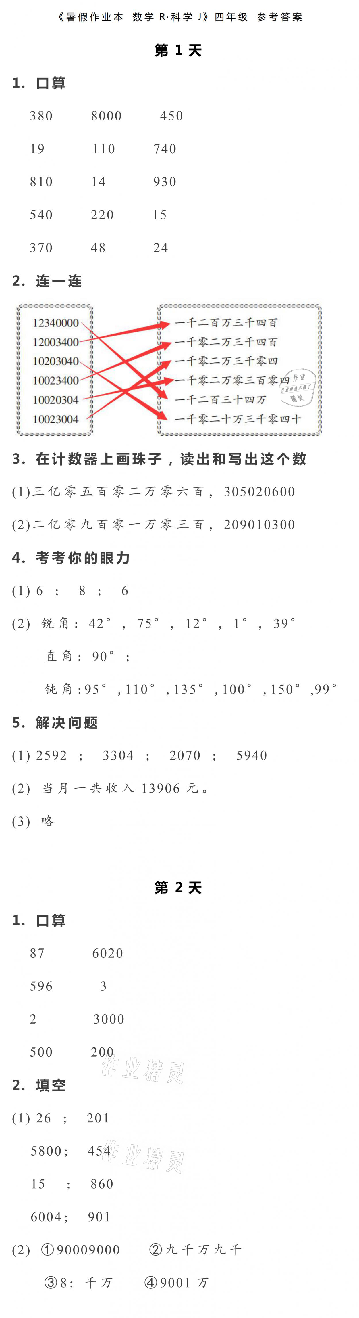 2021年暑假作业本四年级数学科学浙江教育出版社 参考答案第1页