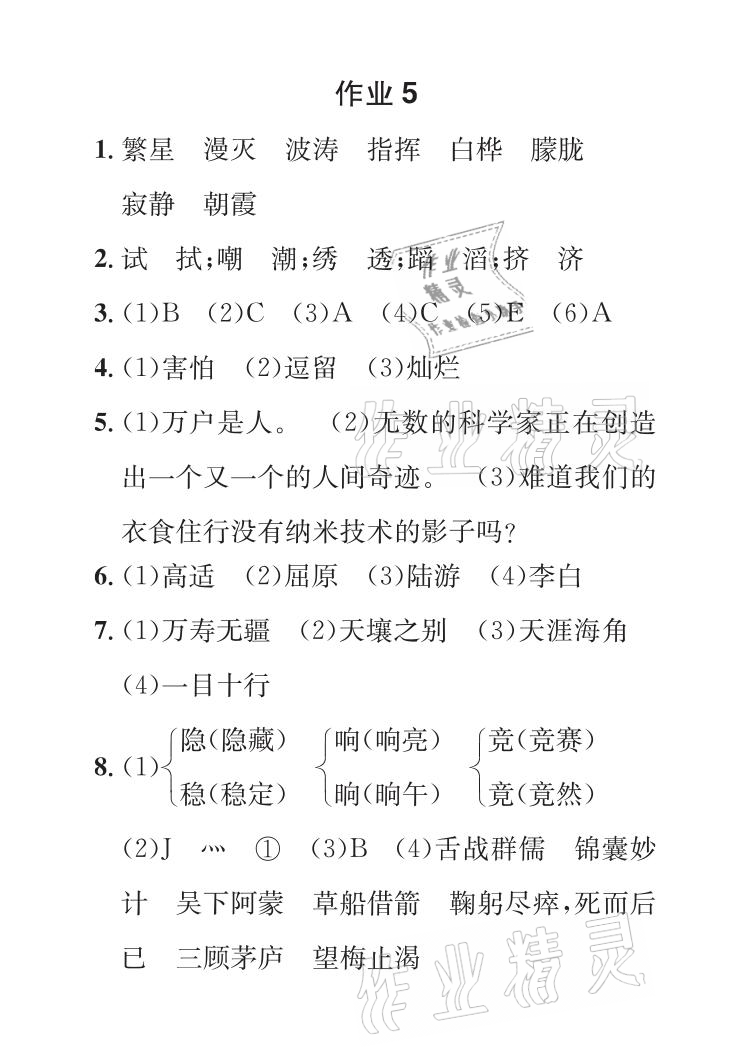 2021年长江暑假作业四年级语文全一册人教版崇文书局 参考答案第7页