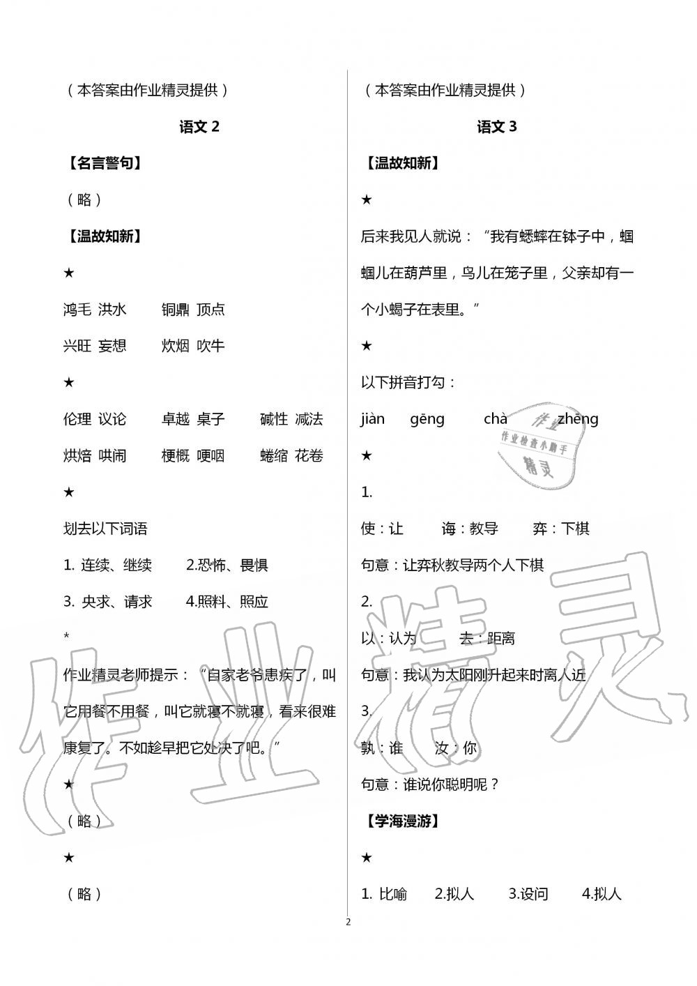 2021年假期学习乐园暑假六年级语文英语 参考答案第2页