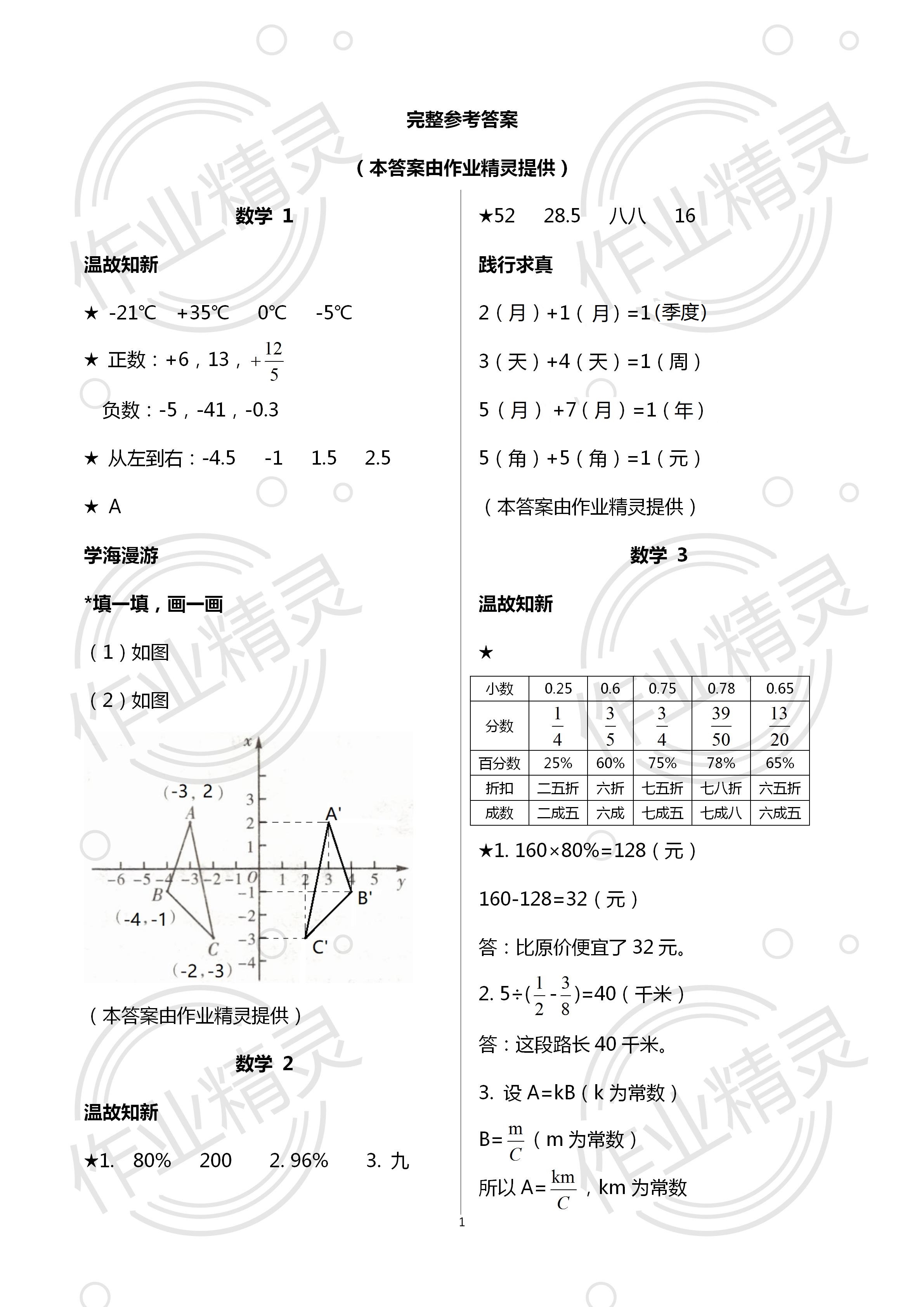 2021年假期学习乐园暑假六年级数学科学 参考答案第1页