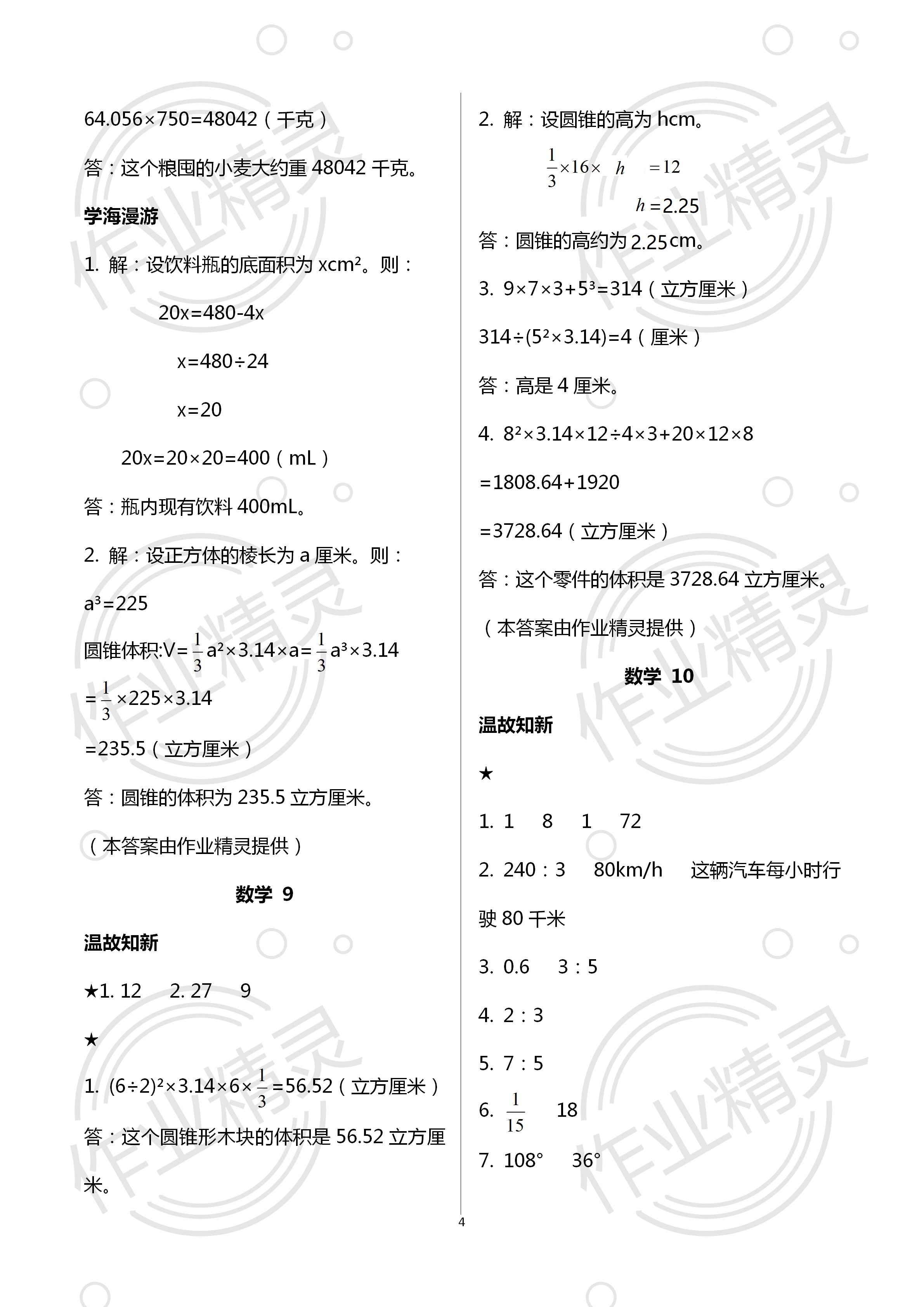 2021年假期学习乐园暑假六年级数学科学 参考答案第4页