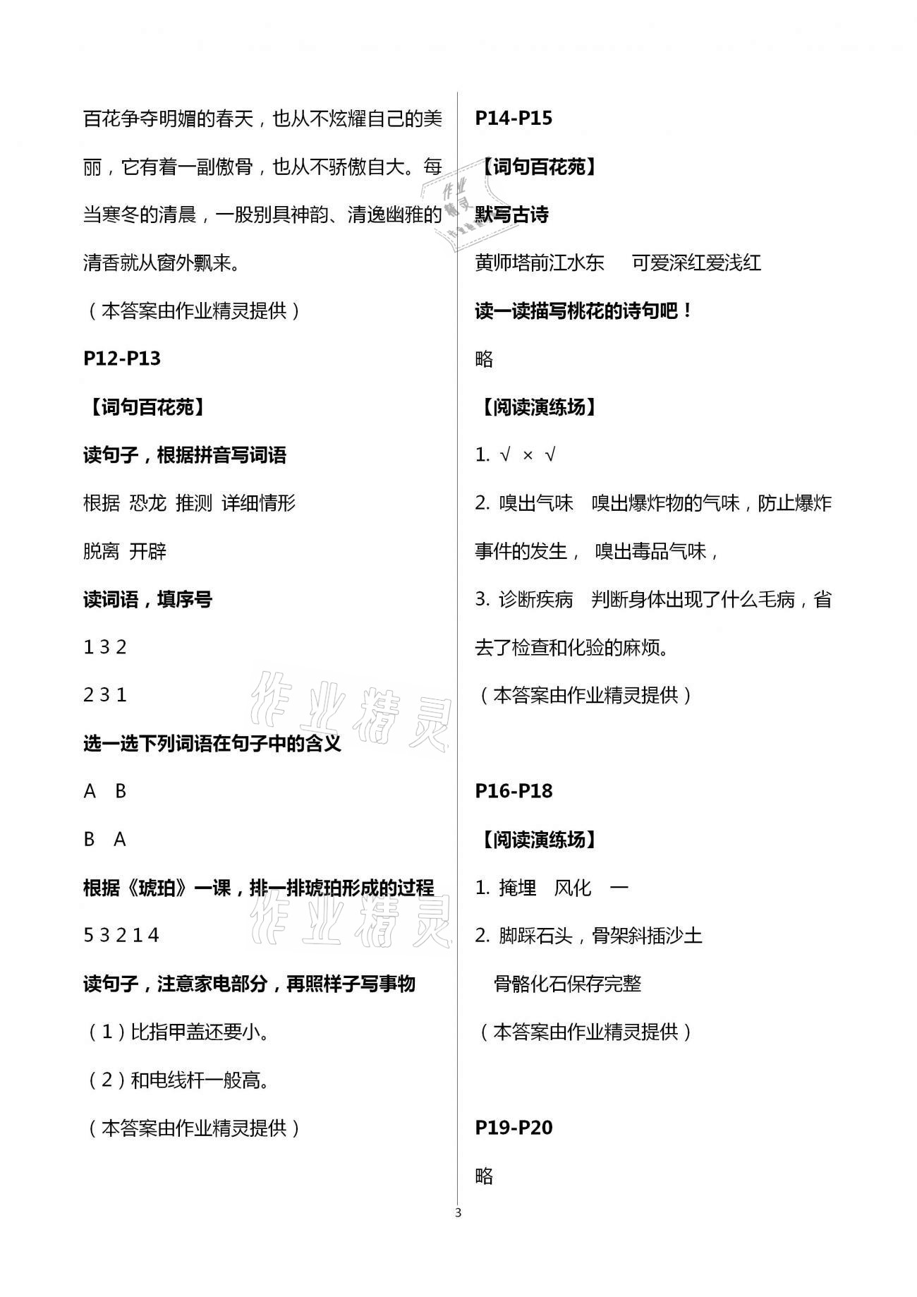 2021年暑假学习乐园四年级语文浙江科学技术出版社 参考答案第3页