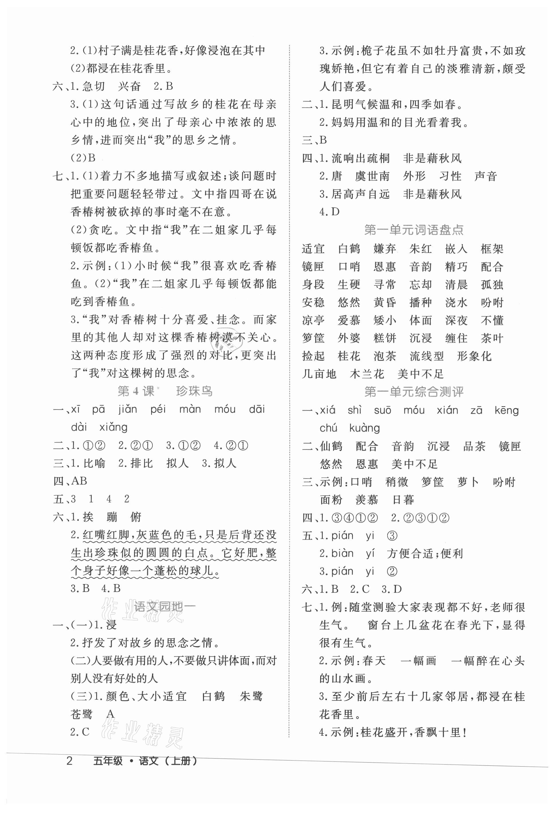 2021年细解巧练五年级语文上册人教版 参考答案第2页