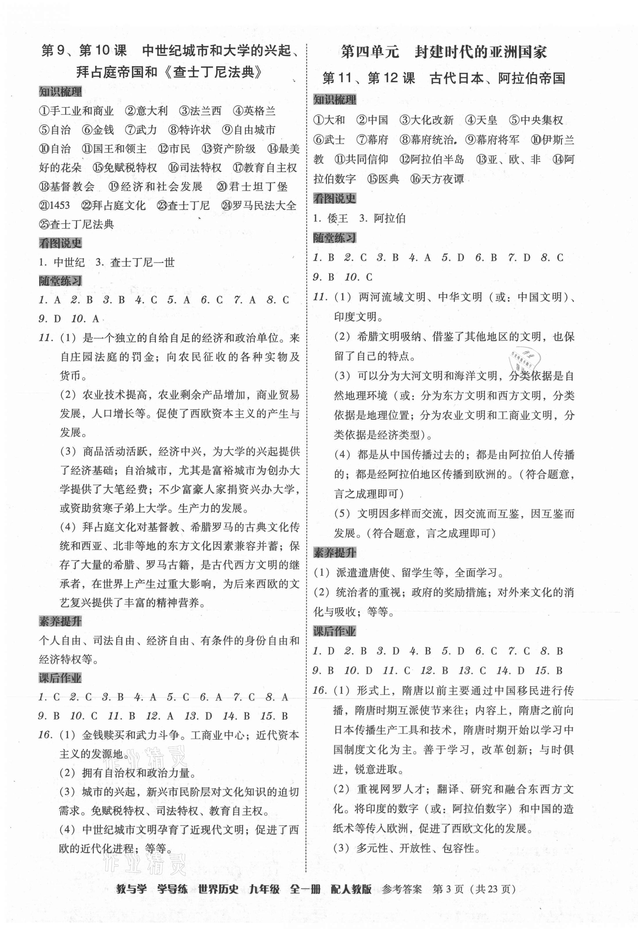 2021年教與學(xué)學(xué)導(dǎo)練九年級歷史全一冊人教版 參考答案第3頁