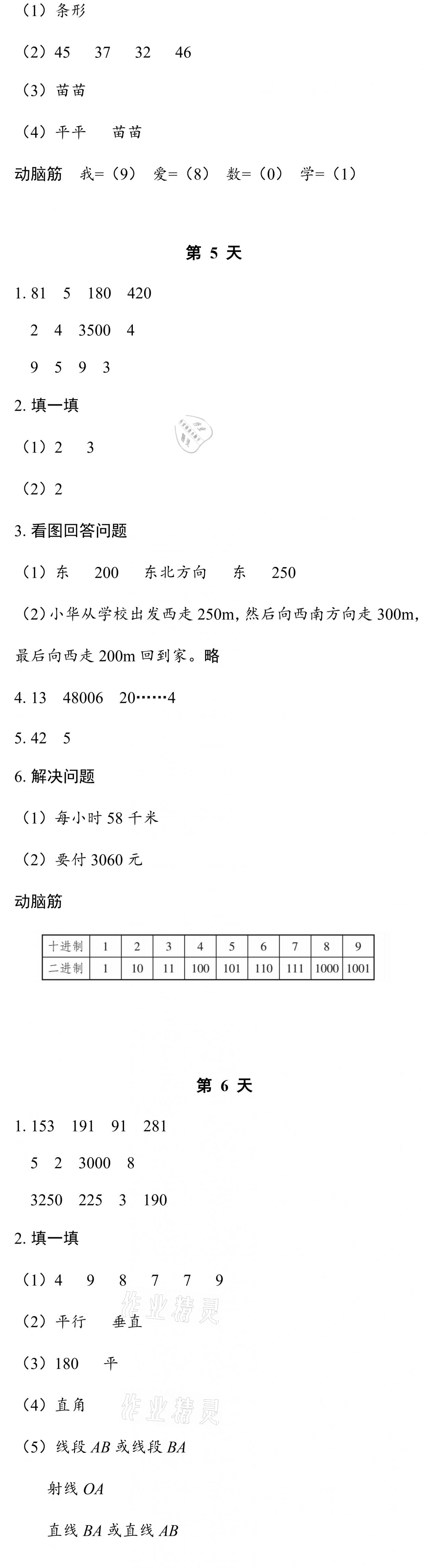 2021年暑假作业本四年级数学北师大版浙江教育出版社 参考答案第3页