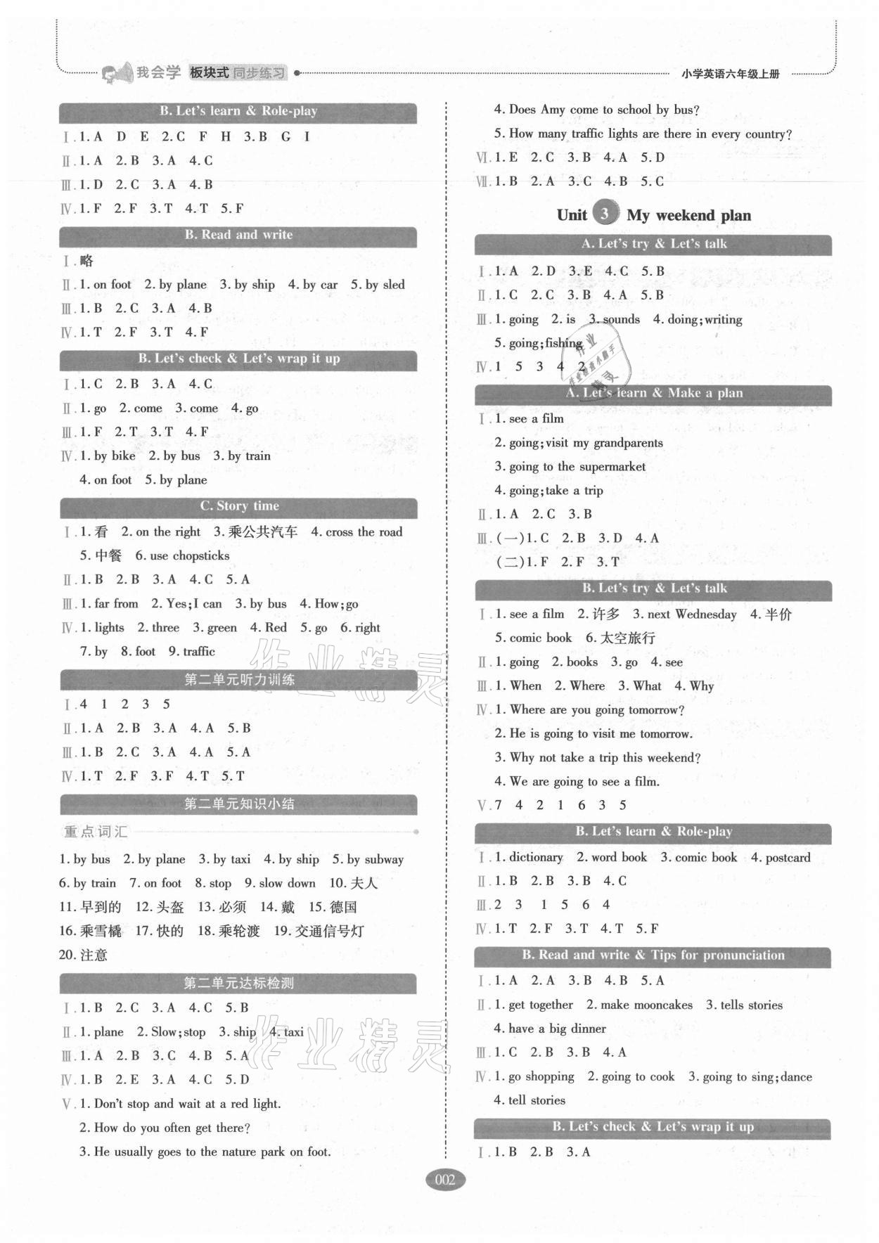 2021年我會(huì)學(xué)板塊式同步練習(xí)六年級(jí)英語(yǔ)上冊(cè)人教PEP版 參考答案第2頁(yè)