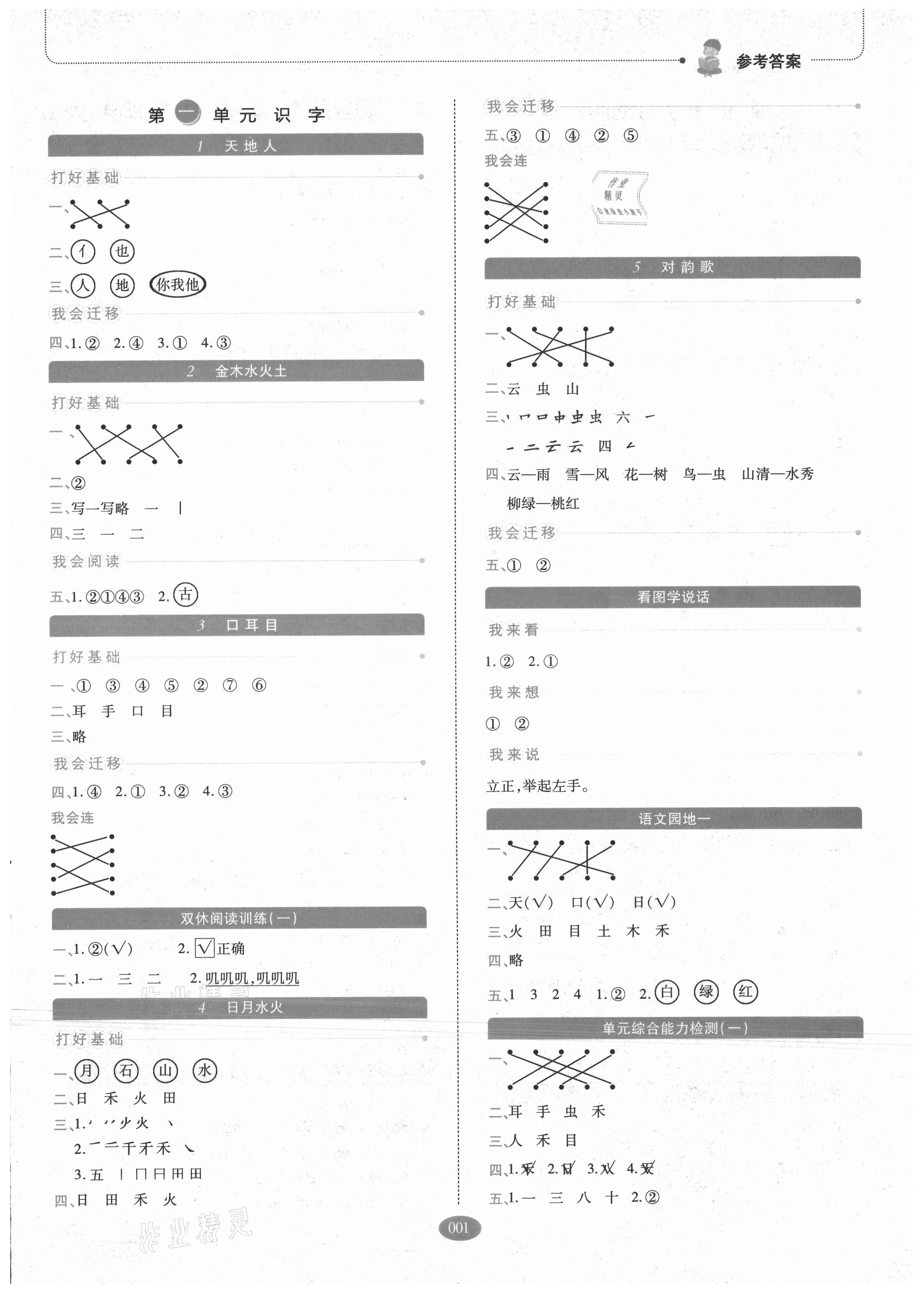 2021年我會(huì)學(xué)模塊式同步練習(xí)小學(xué)語文一年級(jí)上冊人教版 參考答案第1頁