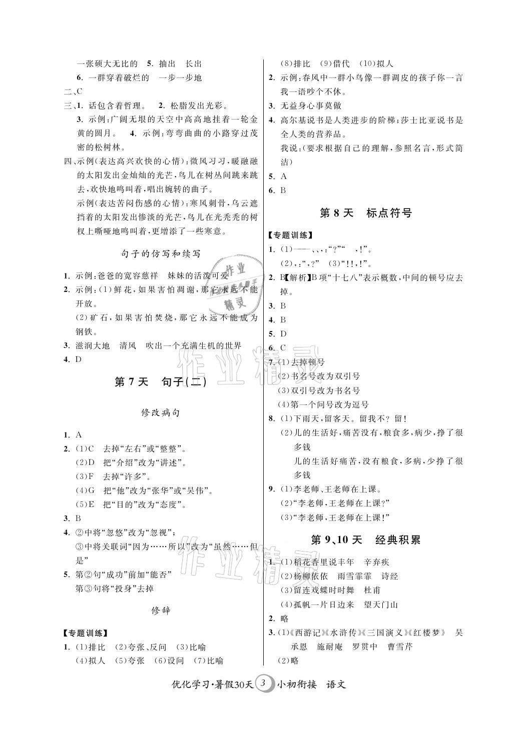 2021年优化学习暑假30天小初衔接语文河海大学出版社 参考答案第3页