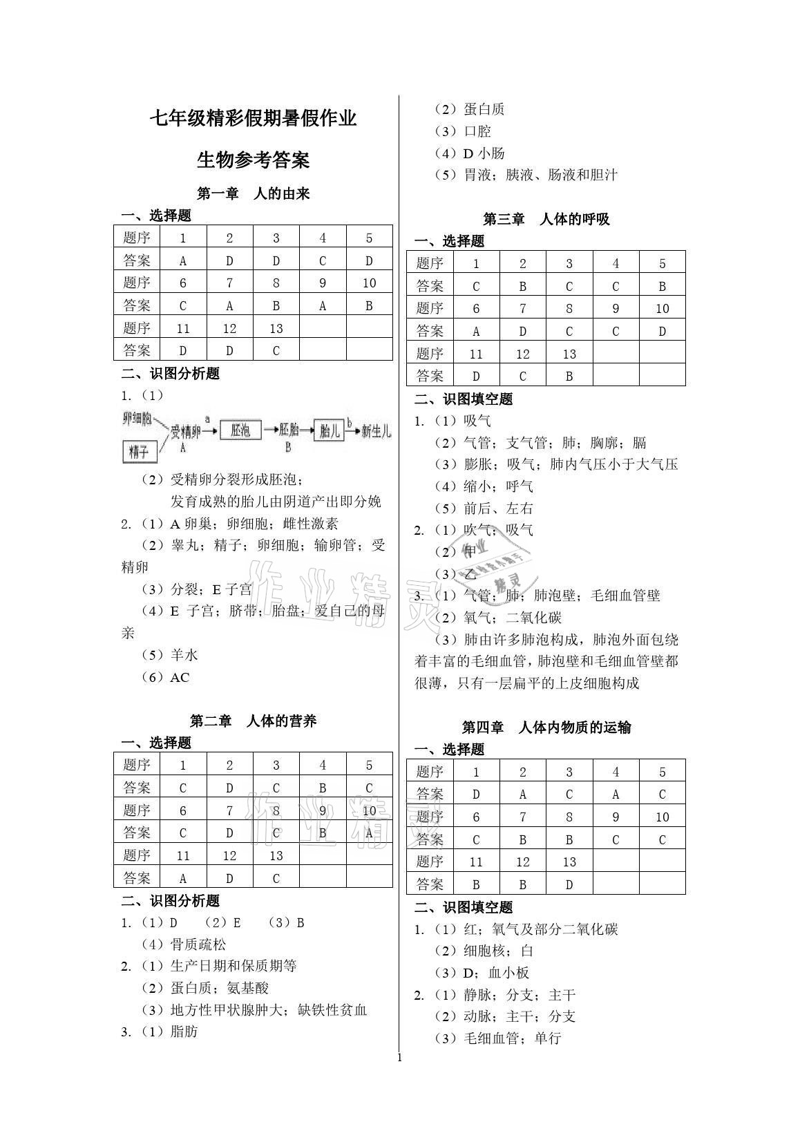 2021年鵬教圖書精彩假期暑假篇七年級合訂本 參考答案第1頁