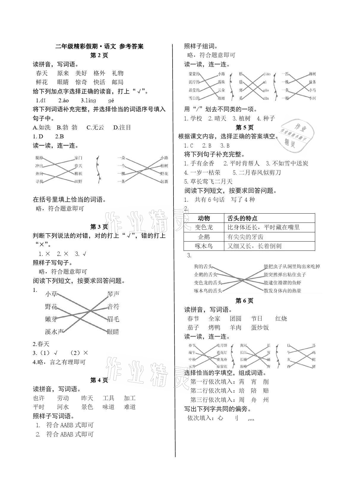 2021年鵬教圖書精彩假期暑假篇二年級 參考答案第1頁