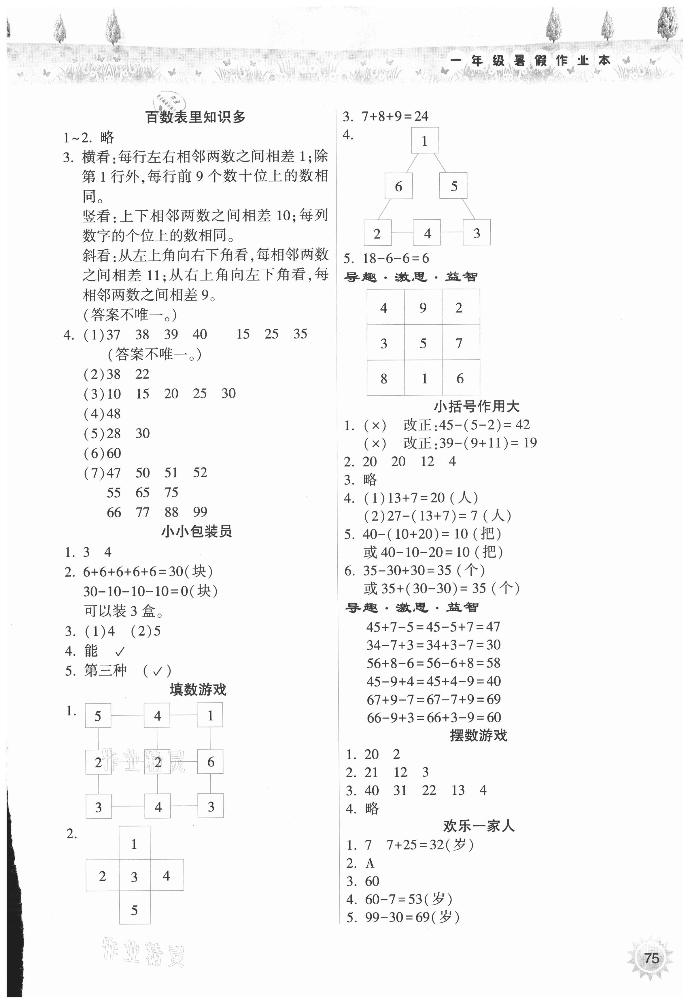 2021年暑假作业本一年级数学人教版希望出版社 参考答案第2页