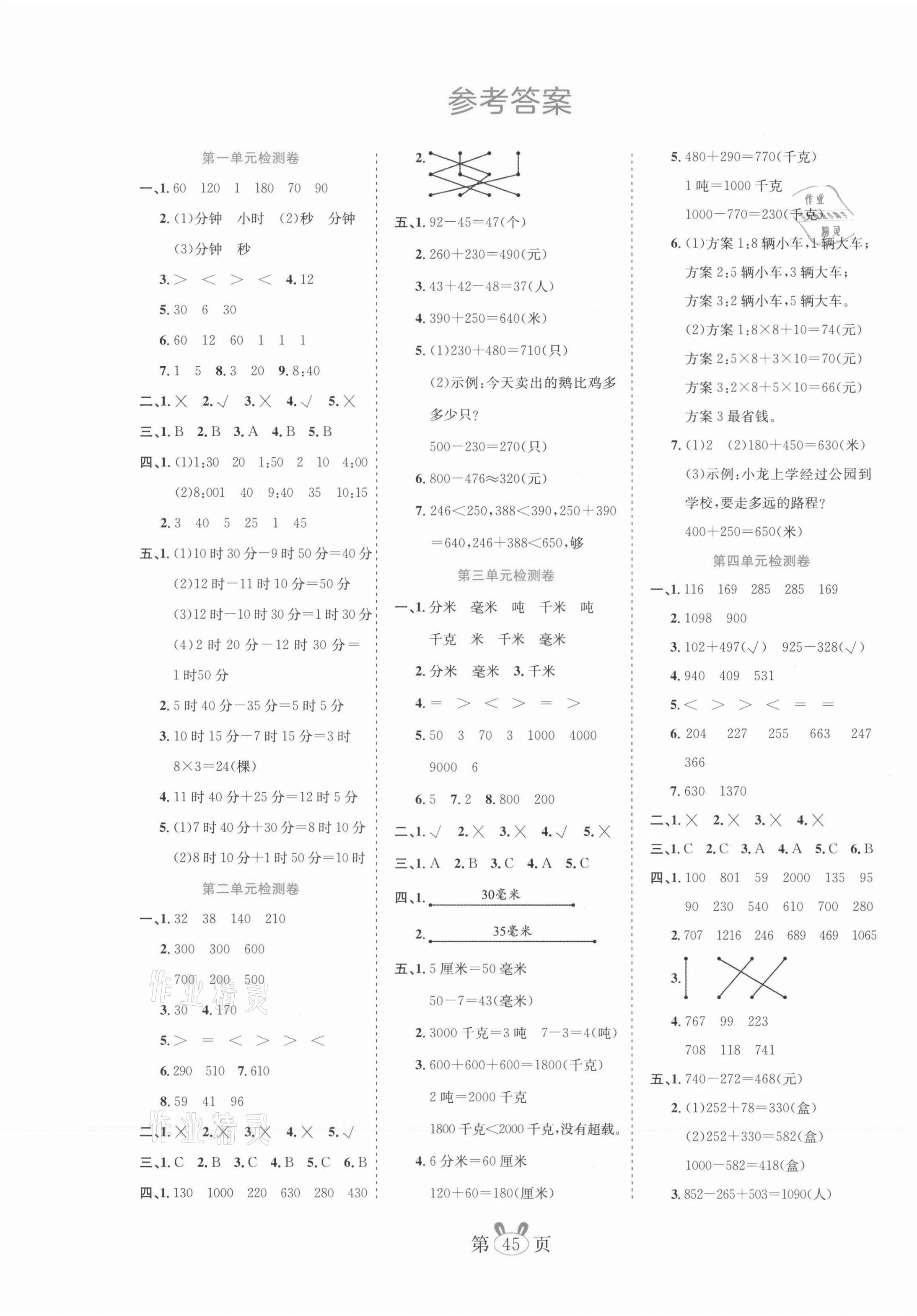 2021年訓練達人小學數學三年級上冊人教版 參考答案第1頁