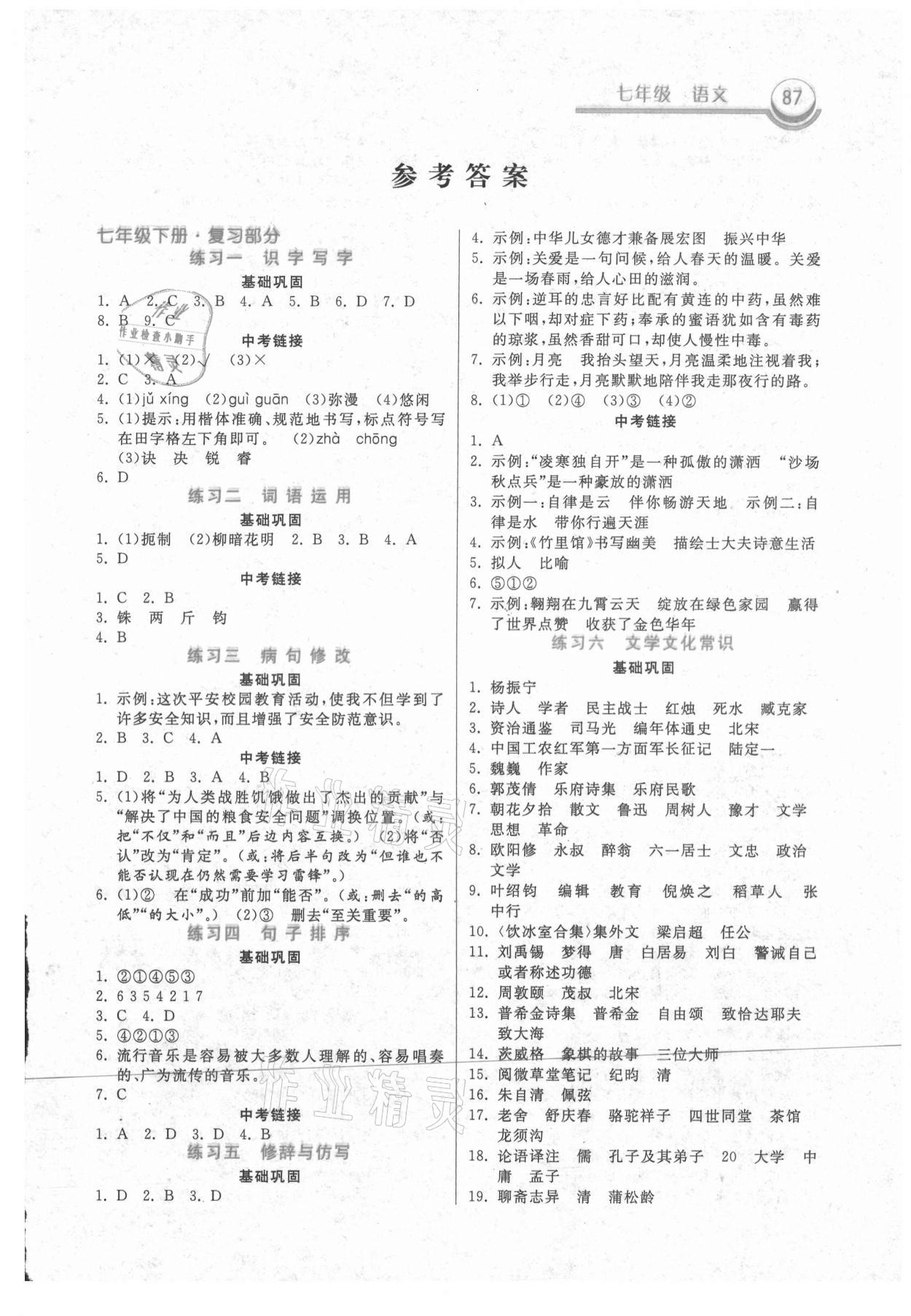 2021年暑假作业七年级语文人教版河北美术出版社 第1页