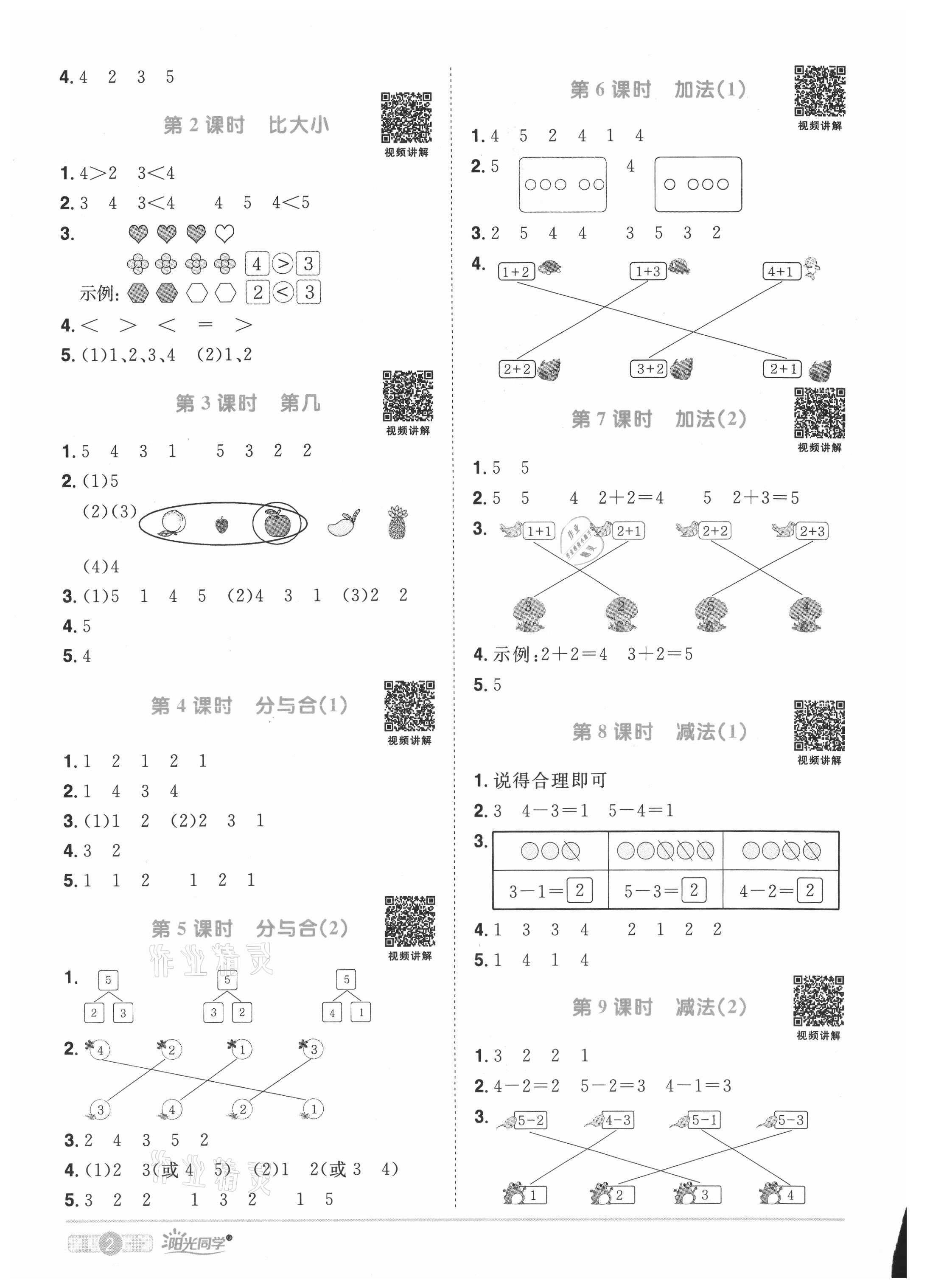 2021年陽(yáng)光同學(xué)課時(shí)優(yōu)化作業(yè)一年級(jí)數(shù)學(xué)上冊(cè)人教版菏澤專版 參考答案第2頁(yè)