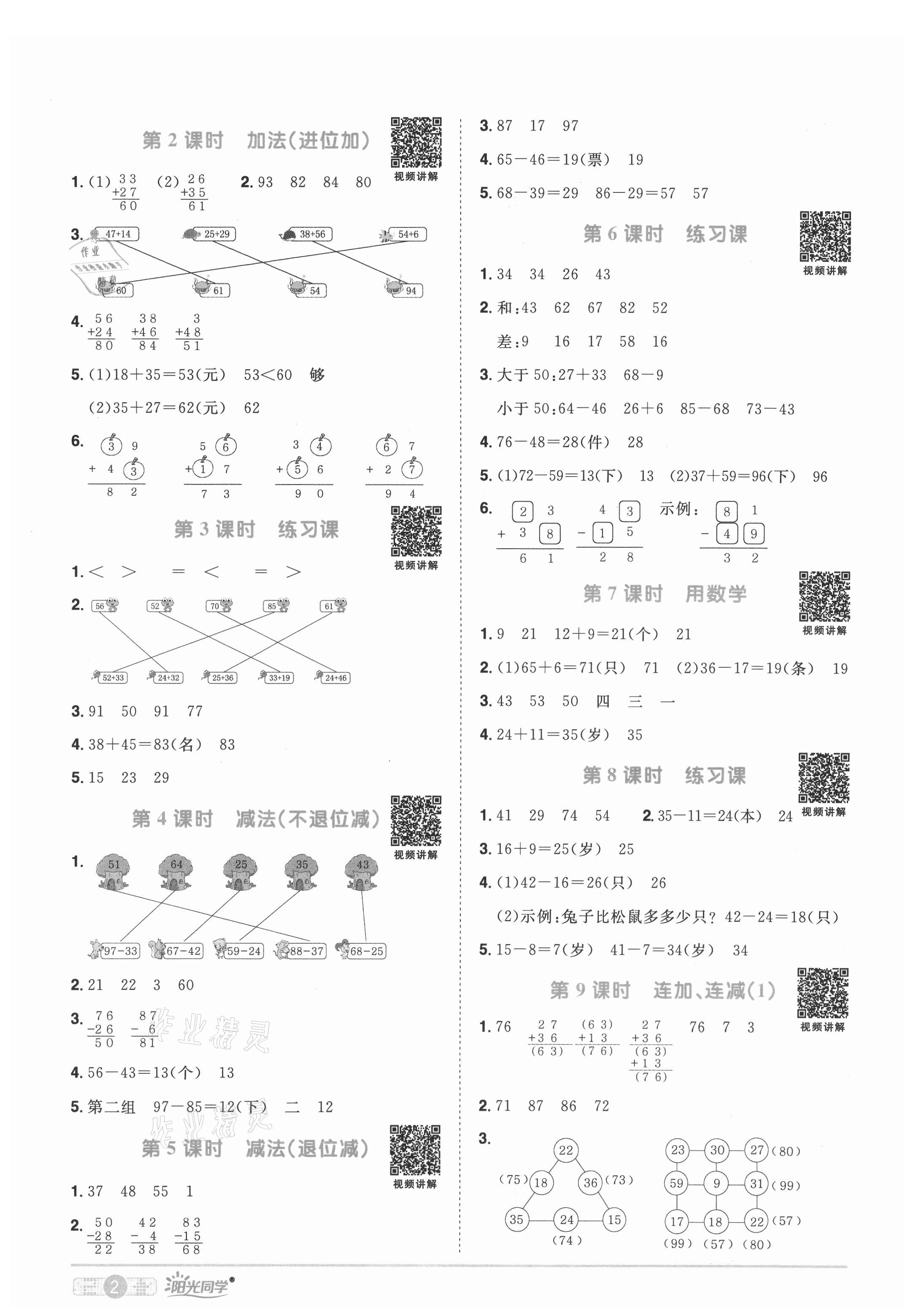 2021年陽光同學(xué)課時(shí)優(yōu)化作業(yè)二年級(jí)數(shù)學(xué)上冊人教版菏澤專版 參考答案第2頁