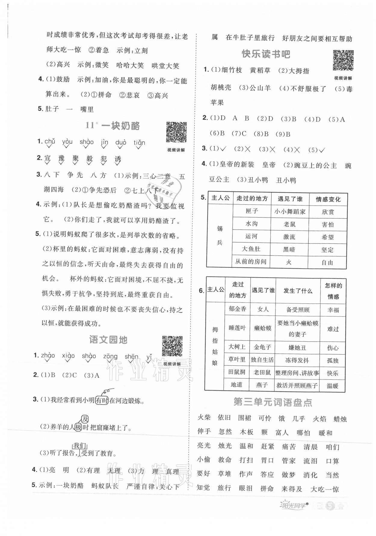 2021年阳光同学课时优化作业三年级语文上册人教版菏泽专版 参考答案第5页