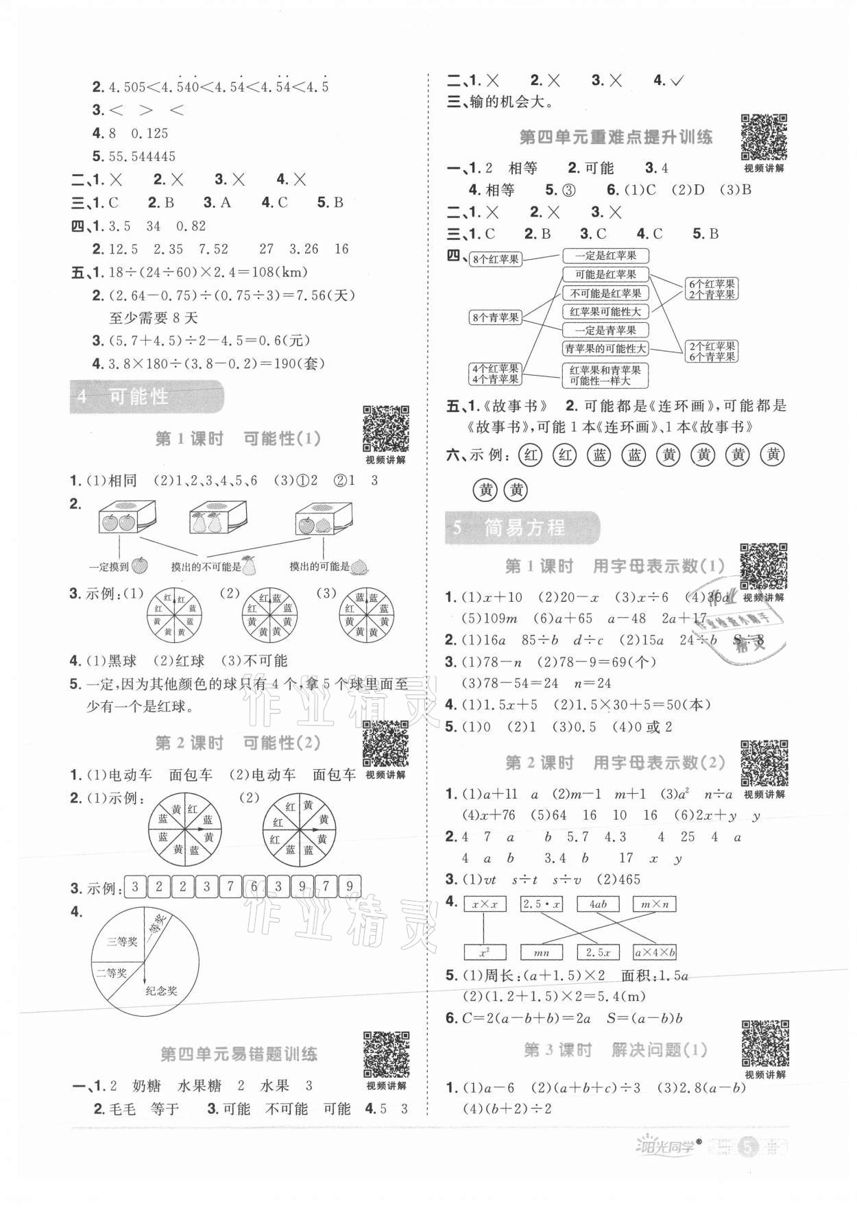 2021年陽光同學(xué)課時優(yōu)化作業(yè)五年級數(shù)學(xué)上冊人教版菏澤專版 參考答案第5頁