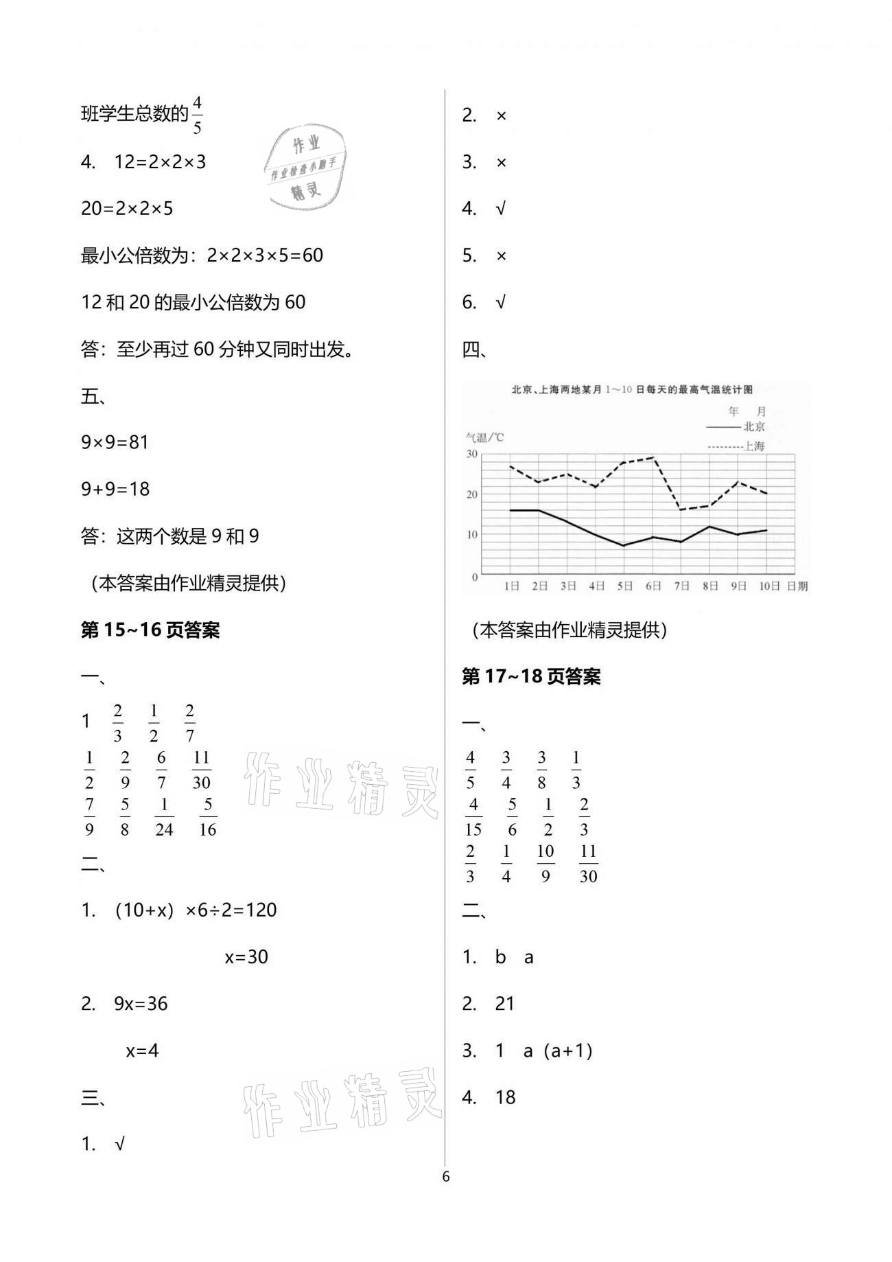 2021年新课堂假期生活暑假用书五年级数学苏教版 参考答案第6页