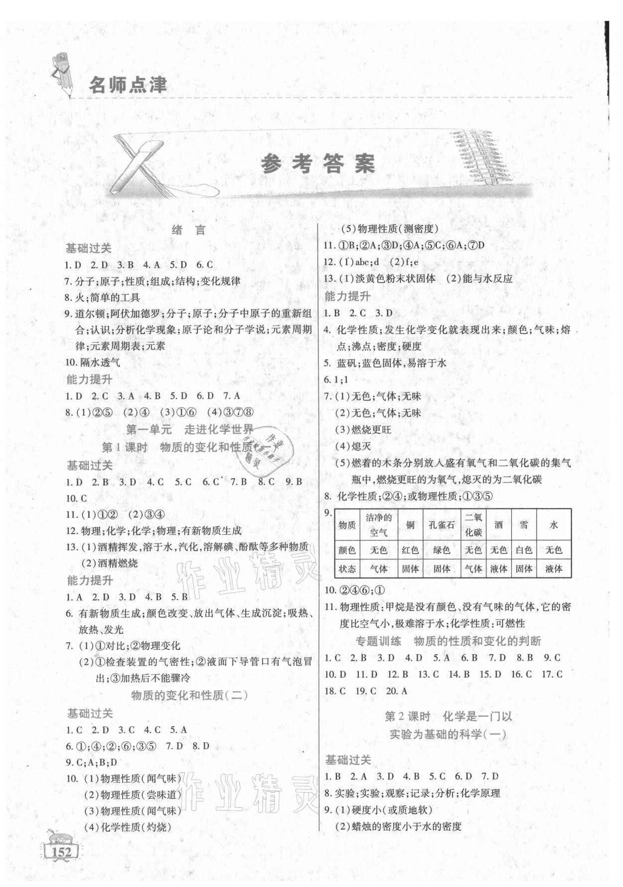 2021年名師點(diǎn)津八年級(jí)化學(xué)上冊(cè)人教版54制 參考答案第1頁(yè)