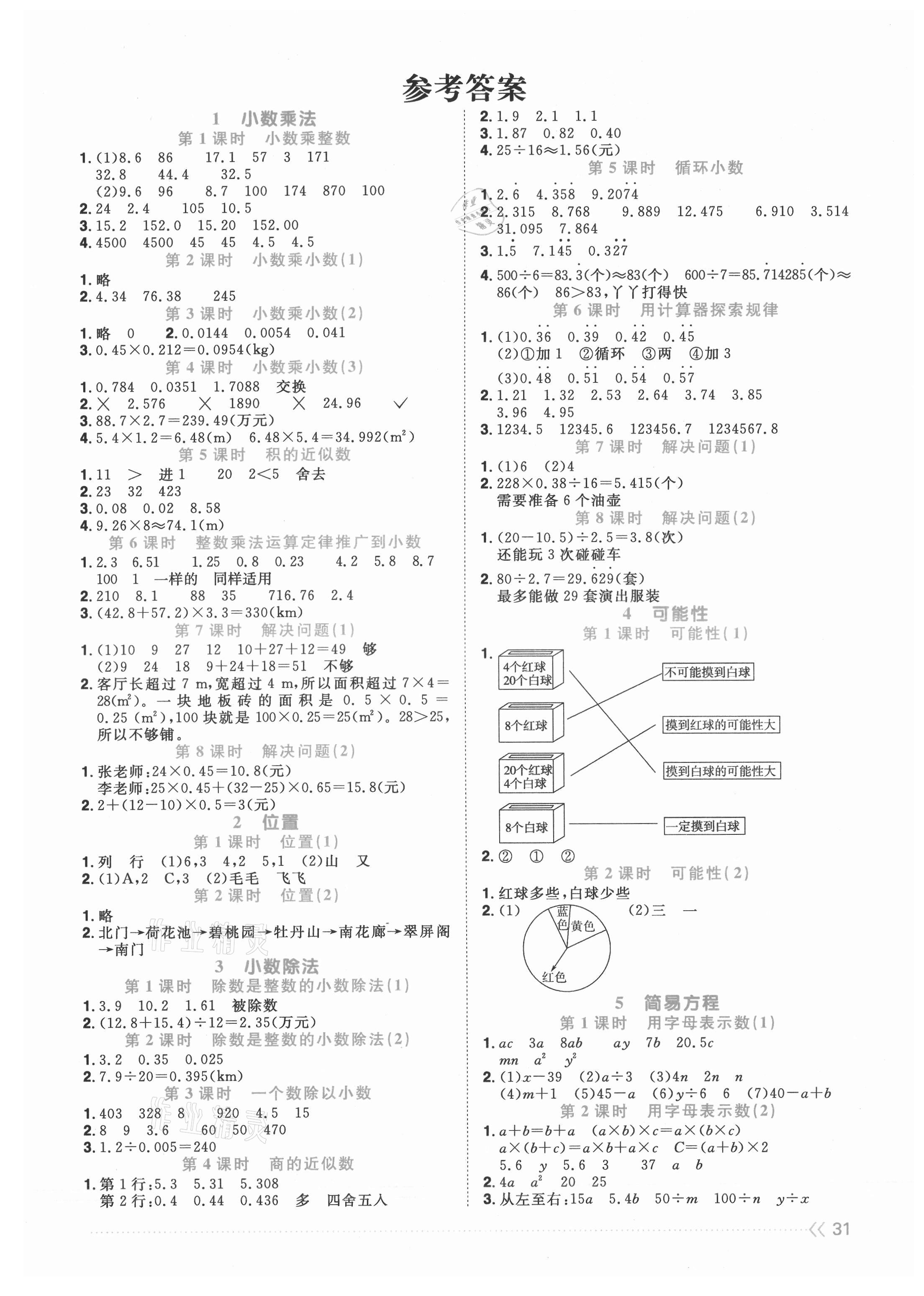 2021年阳光同学课时优化作业五年级数学上册人教版 第1页