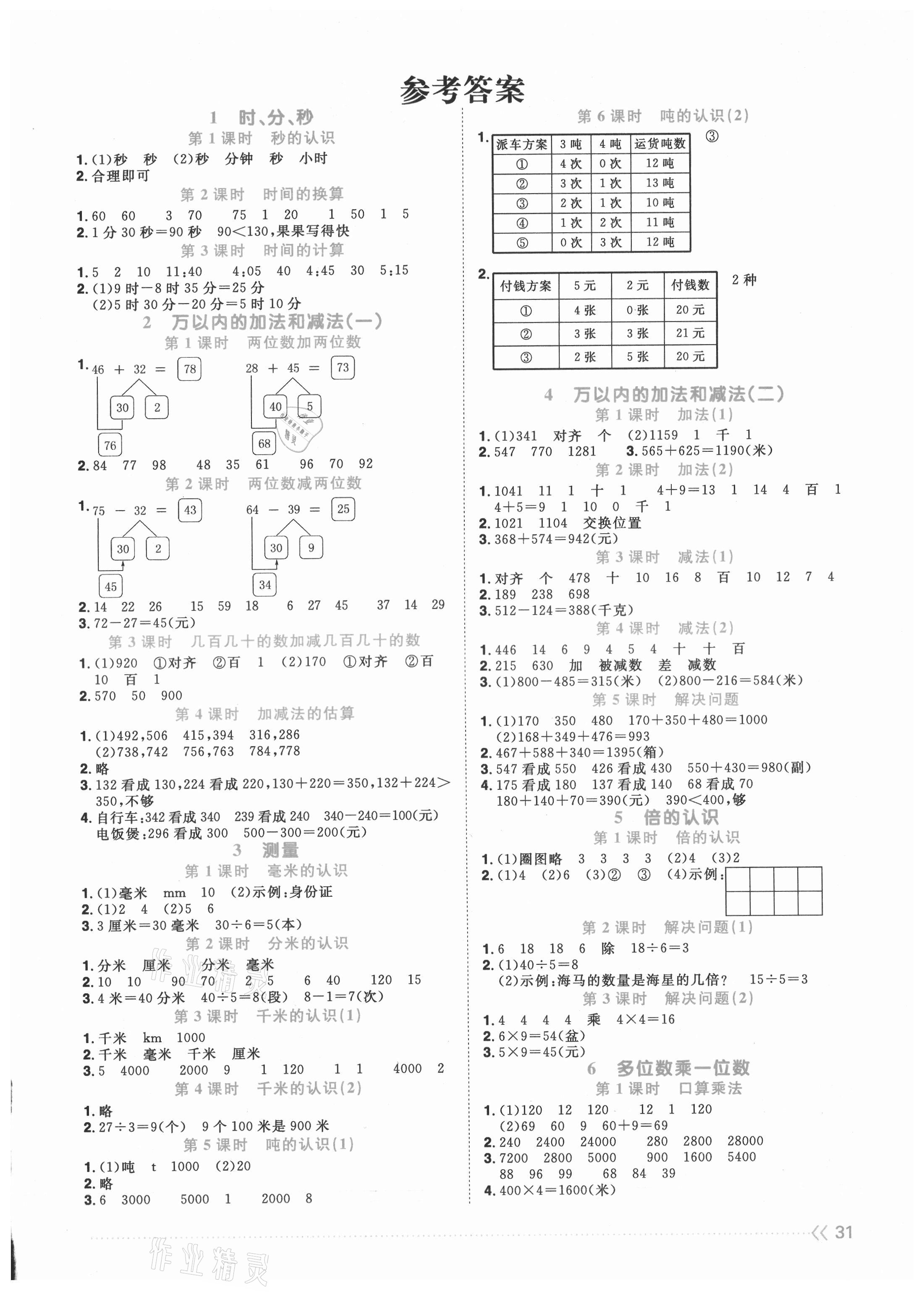 2021年阳光同学课时优化作业三年级数学上册人教版 第1页