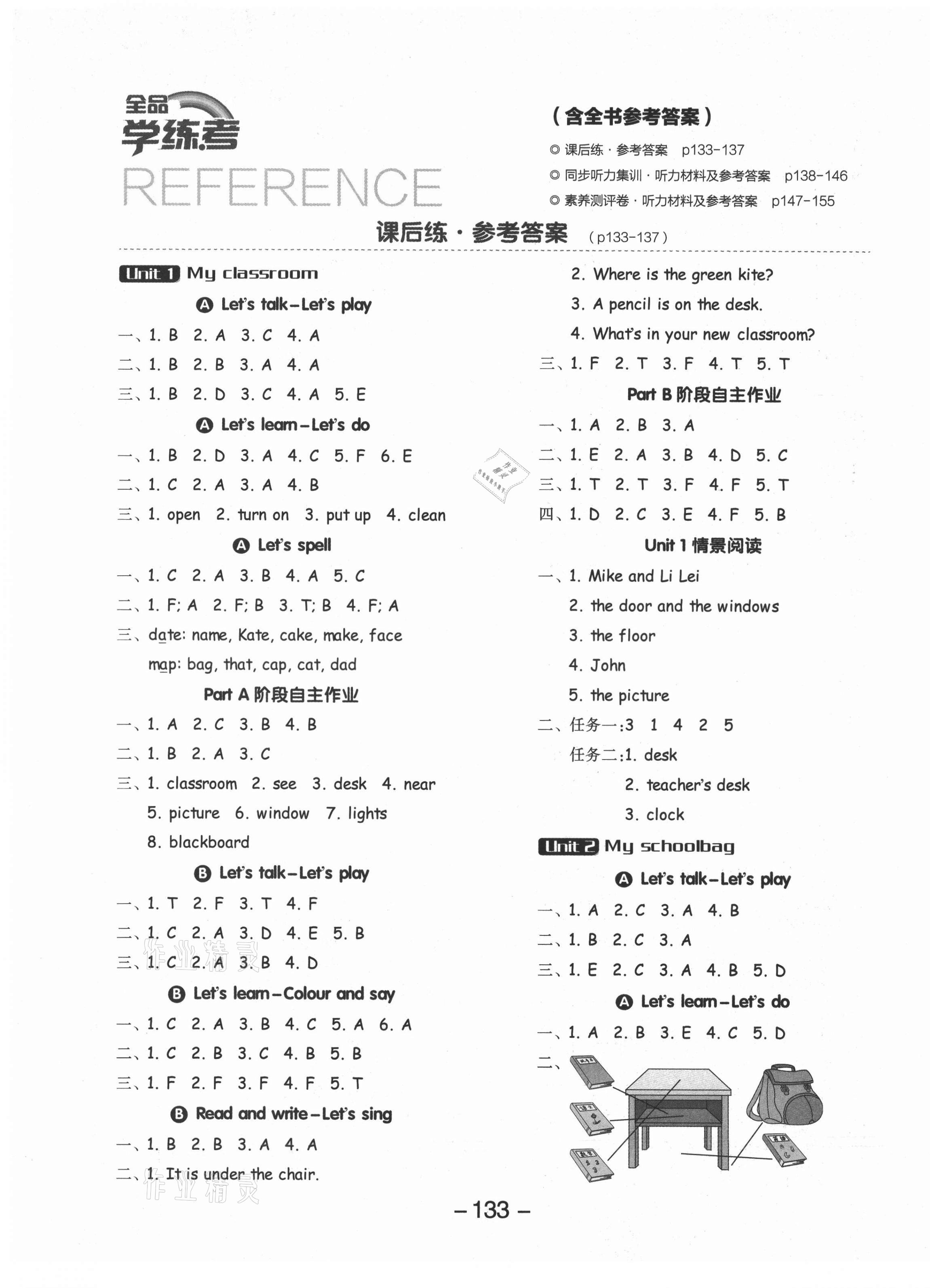 2021年全品学练考四年级英语上册人教版 参考答案第1页