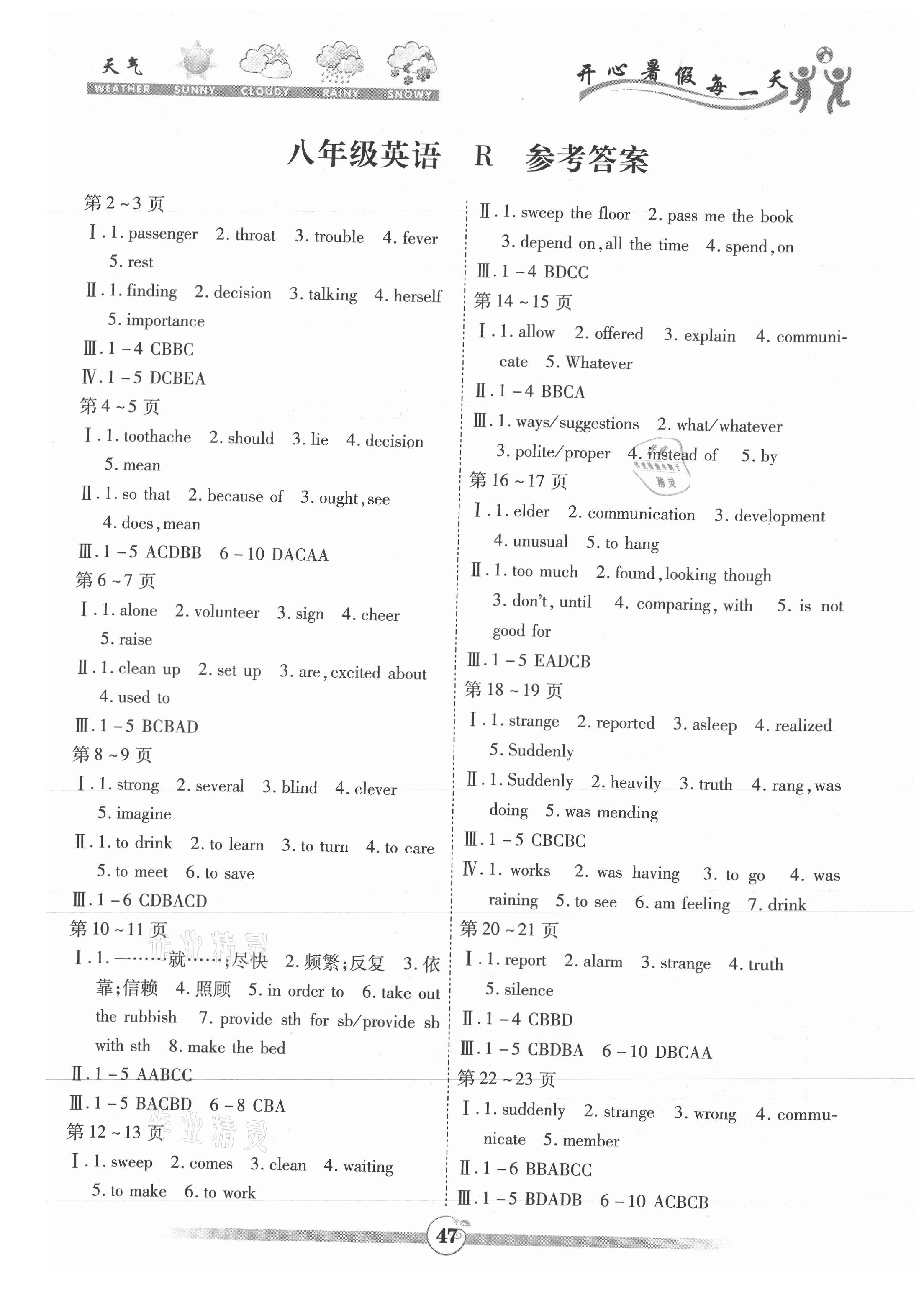 2021年智趣暑假作业八年级英语
人教版云南科技出版社 参考答案第1页