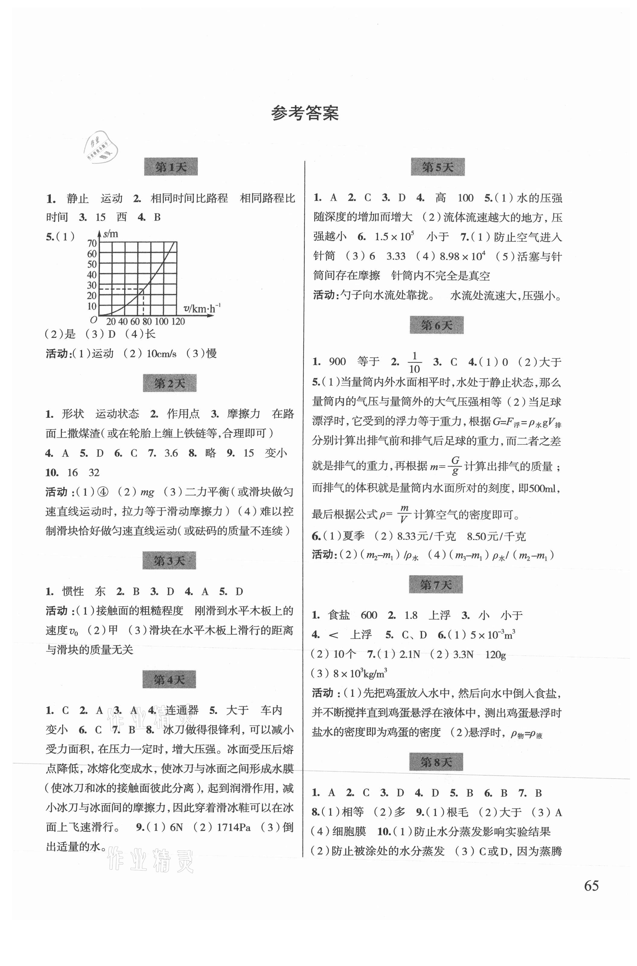 2021年暑假作業(yè)八年級科學(xué)浙教版浙江科學(xué)技術(shù)出版社 參考答案第1頁