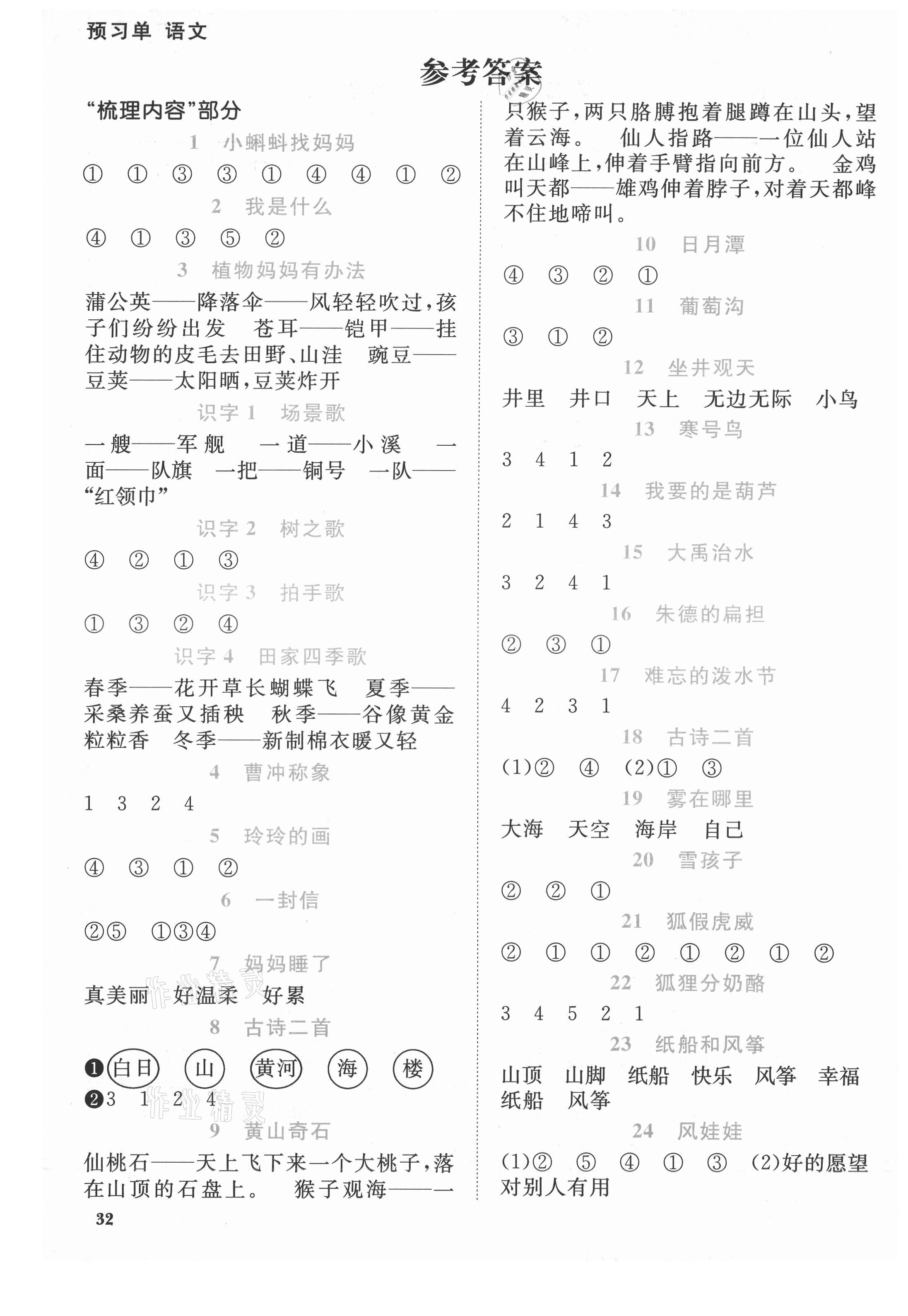 2021年陽(yáng)光同學(xué)課時(shí)優(yōu)化作業(yè)二年級(jí)語(yǔ)文上冊(cè)人教版福建專版 參考答案第1頁(yè)