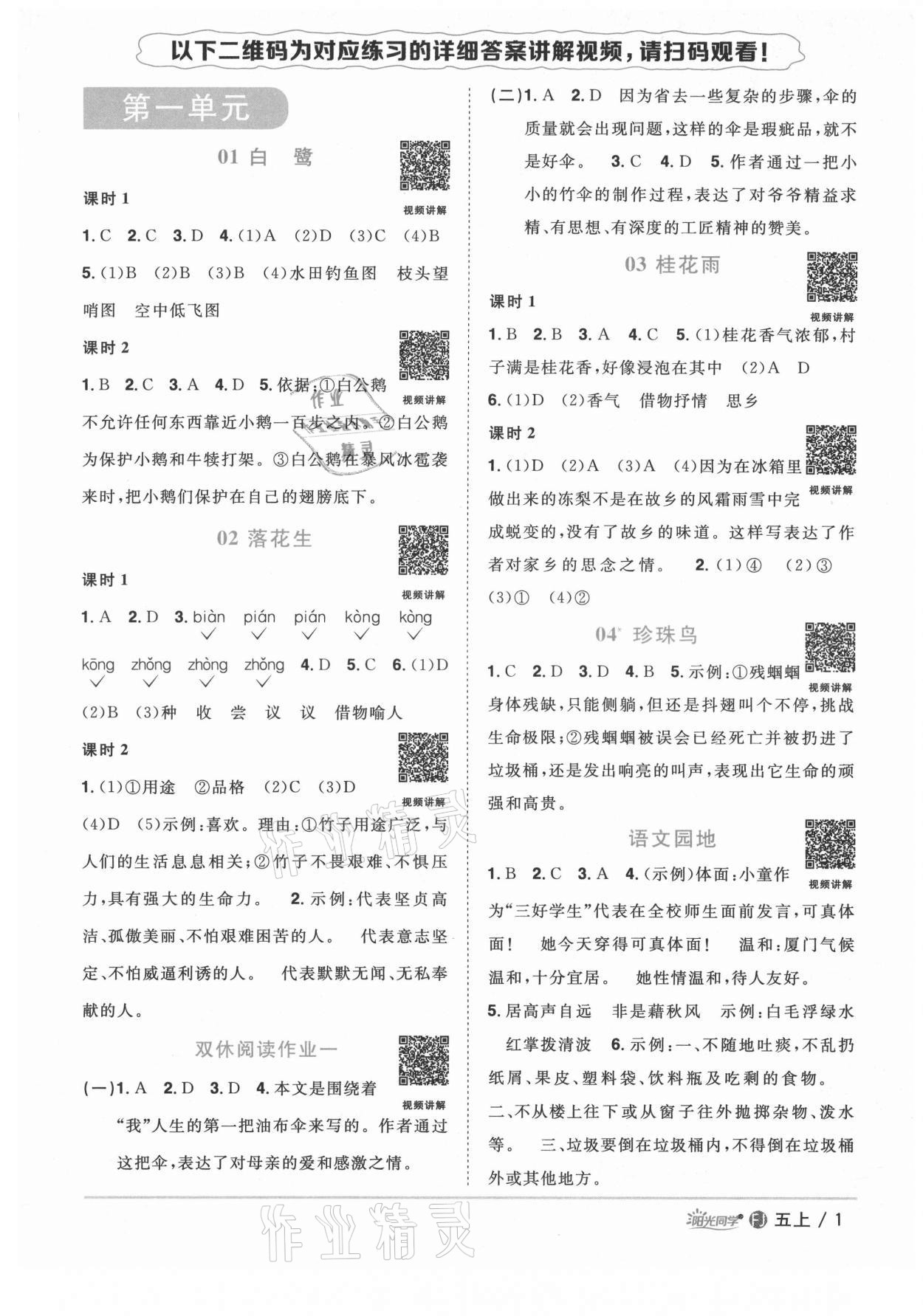 2021年阳光同学课时优化作业五年级语文上册人教版福建专版 参考答案第4页