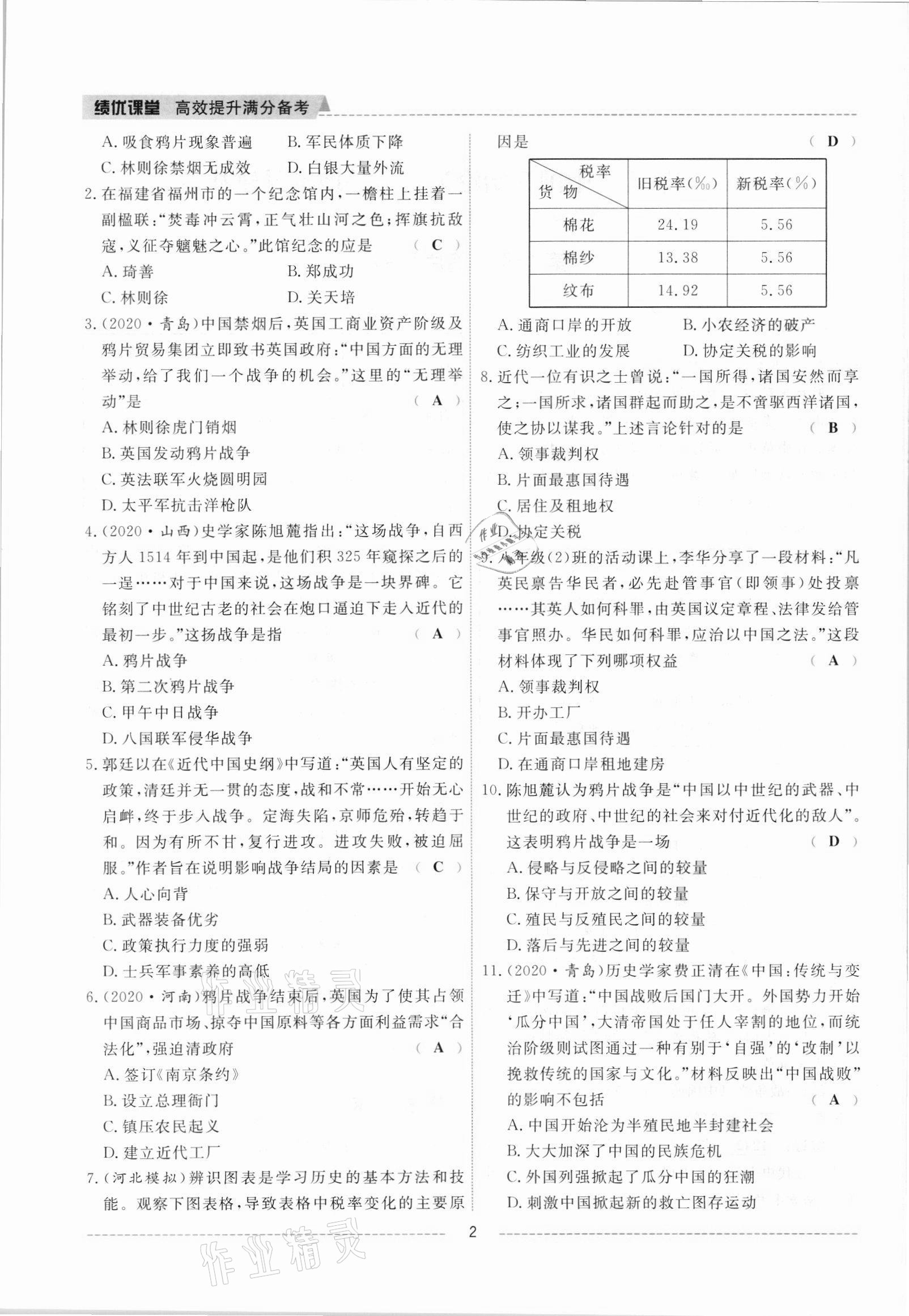 2021年績(jī)優(yōu)課堂高效提升滿分備考八年級(jí)歷史上冊(cè)人教版 參考答案第2頁(yè)