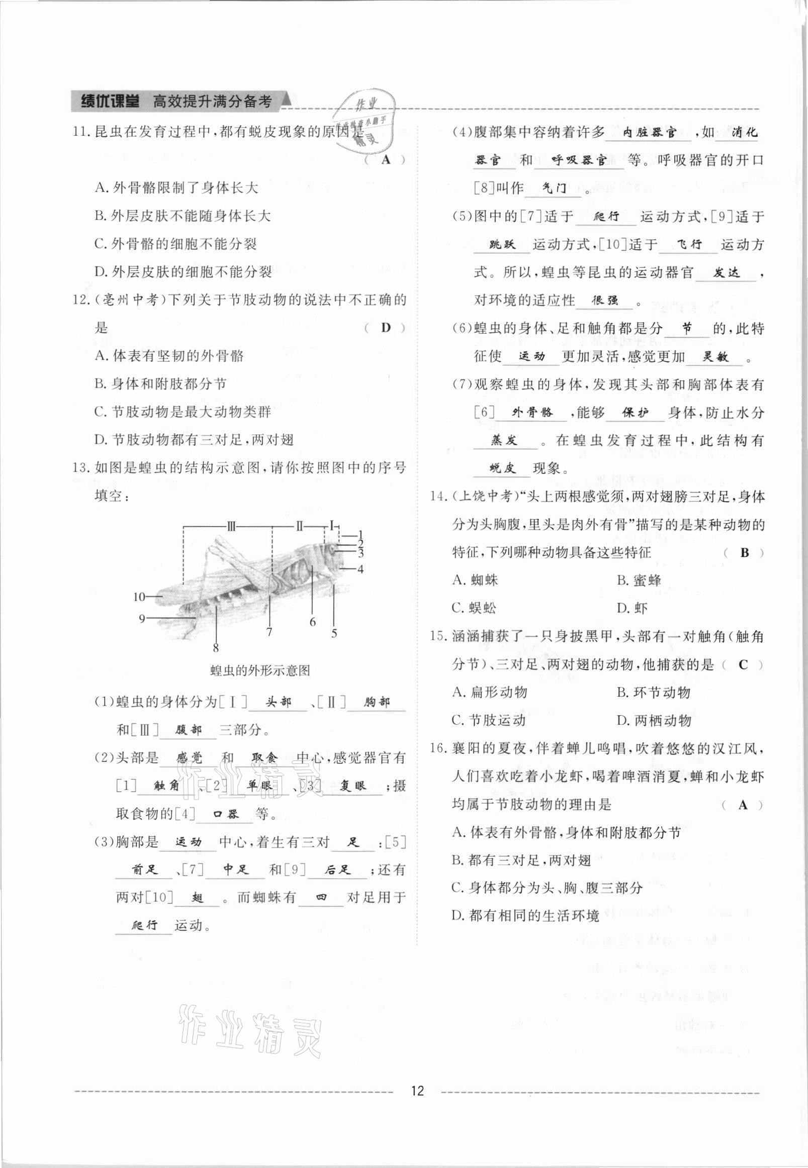 2021年績(jī)優(yōu)課堂高效提升滿分備考八年級(jí)生物上冊(cè)人教版 參考答案第12頁(yè)