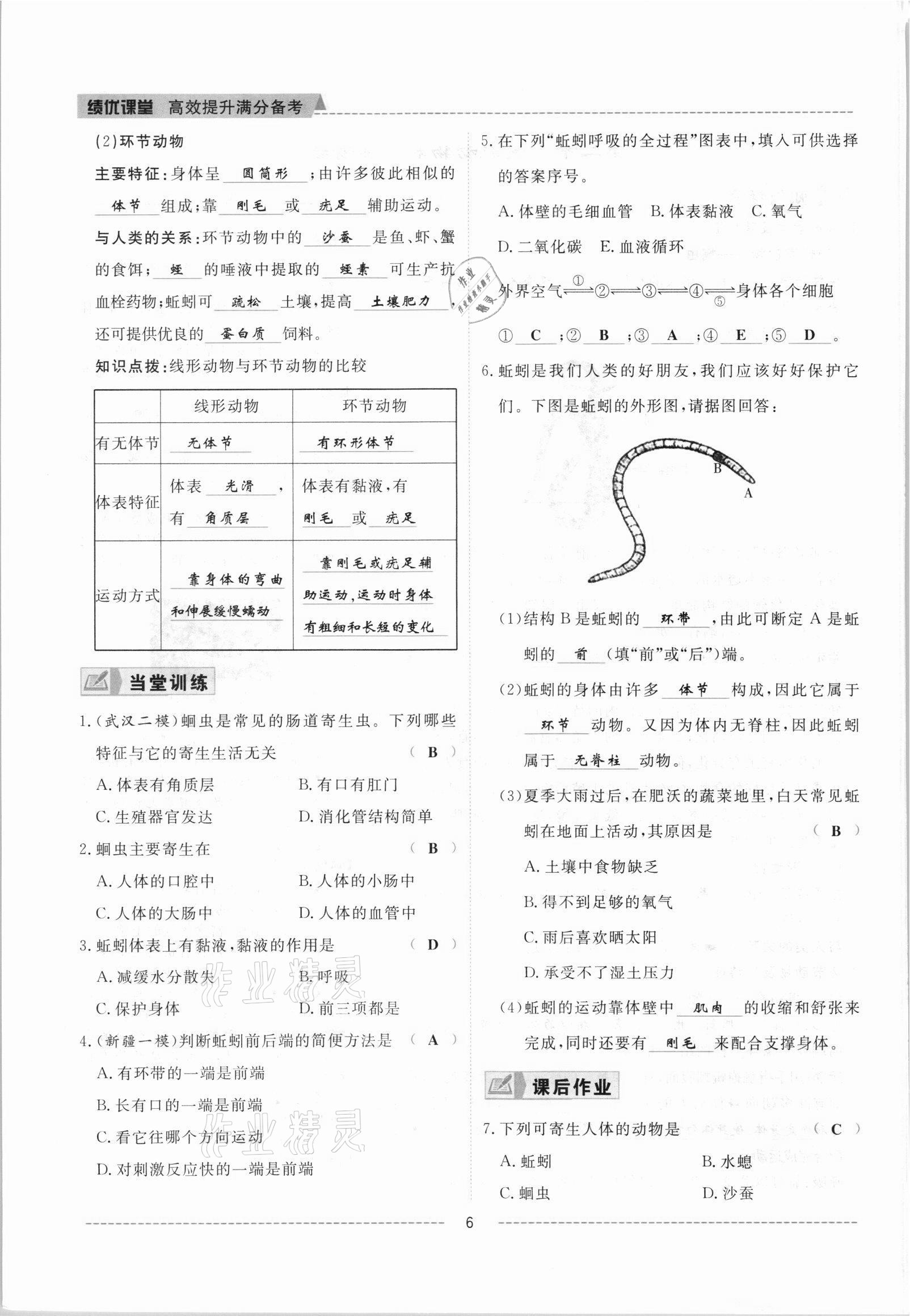 2021年績(jī)優(yōu)課堂高效提升滿分備考八年級(jí)生物上冊(cè)人教版 參考答案第6頁(yè)