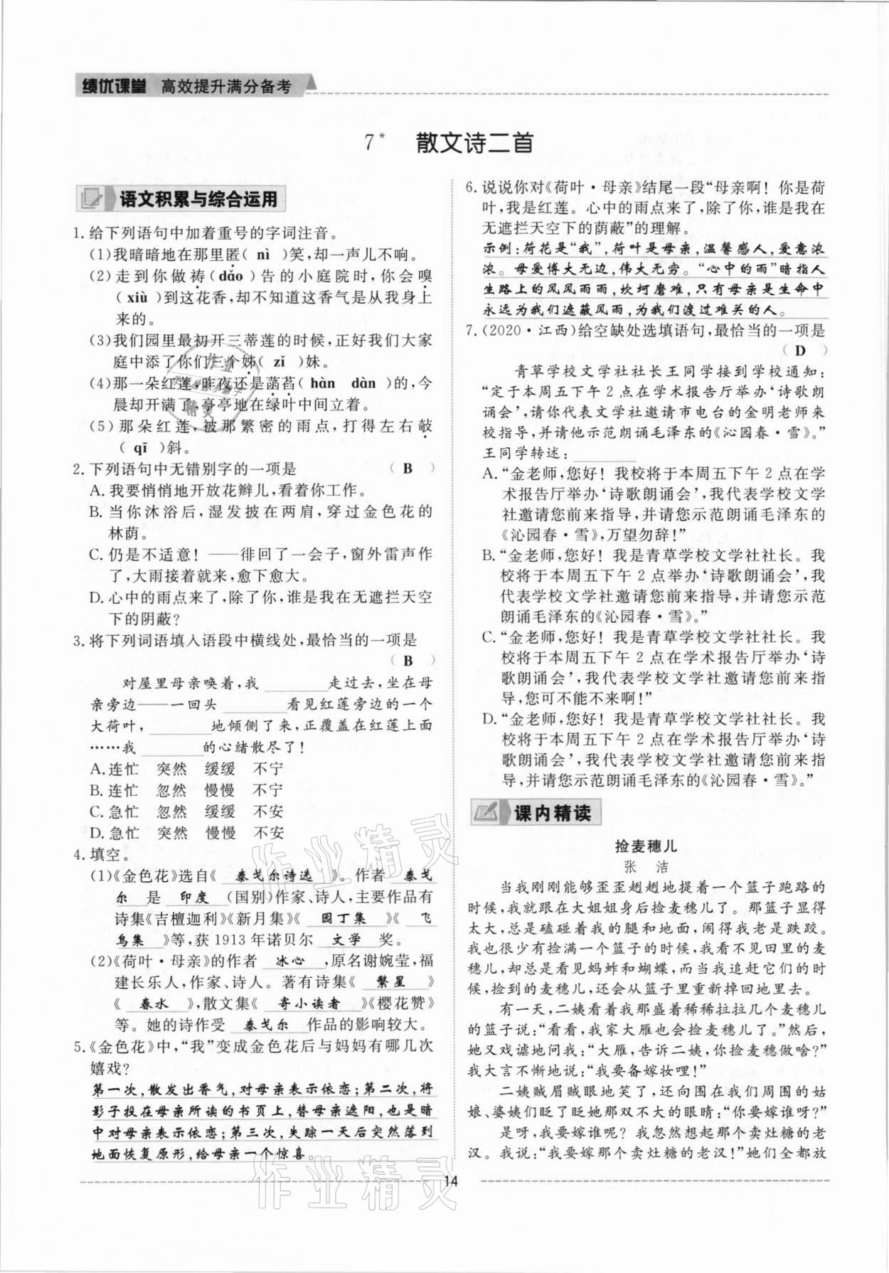 2021年績(jī)優(yōu)課堂高效提升滿分備考七年級(jí)語(yǔ)文上冊(cè)人教版 參考答案第14頁(yè)