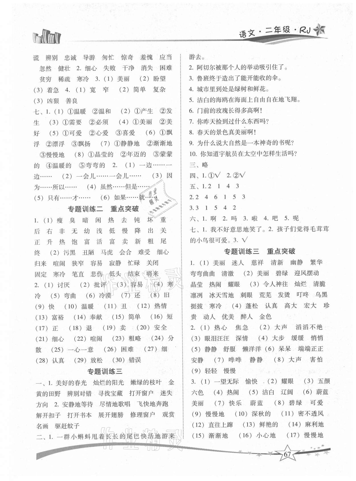 2021年精巧暑假作业二年级语文人教版云南美术出版社 参考答案第2页